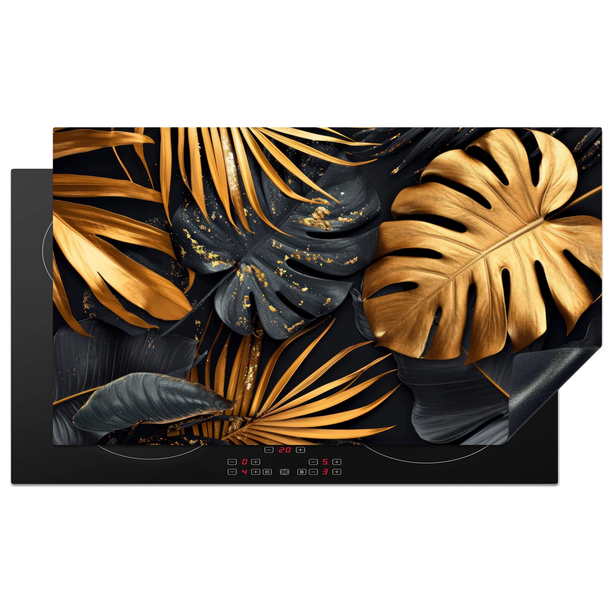 KitchenYeah© Induction Hob Cover Protector Mat 20.8"x36" / 91.6x52.7 cm Kitchen Universal Ceramic Covers for Electric Cookers Vinyl Leaves - Gold - Black - Nature