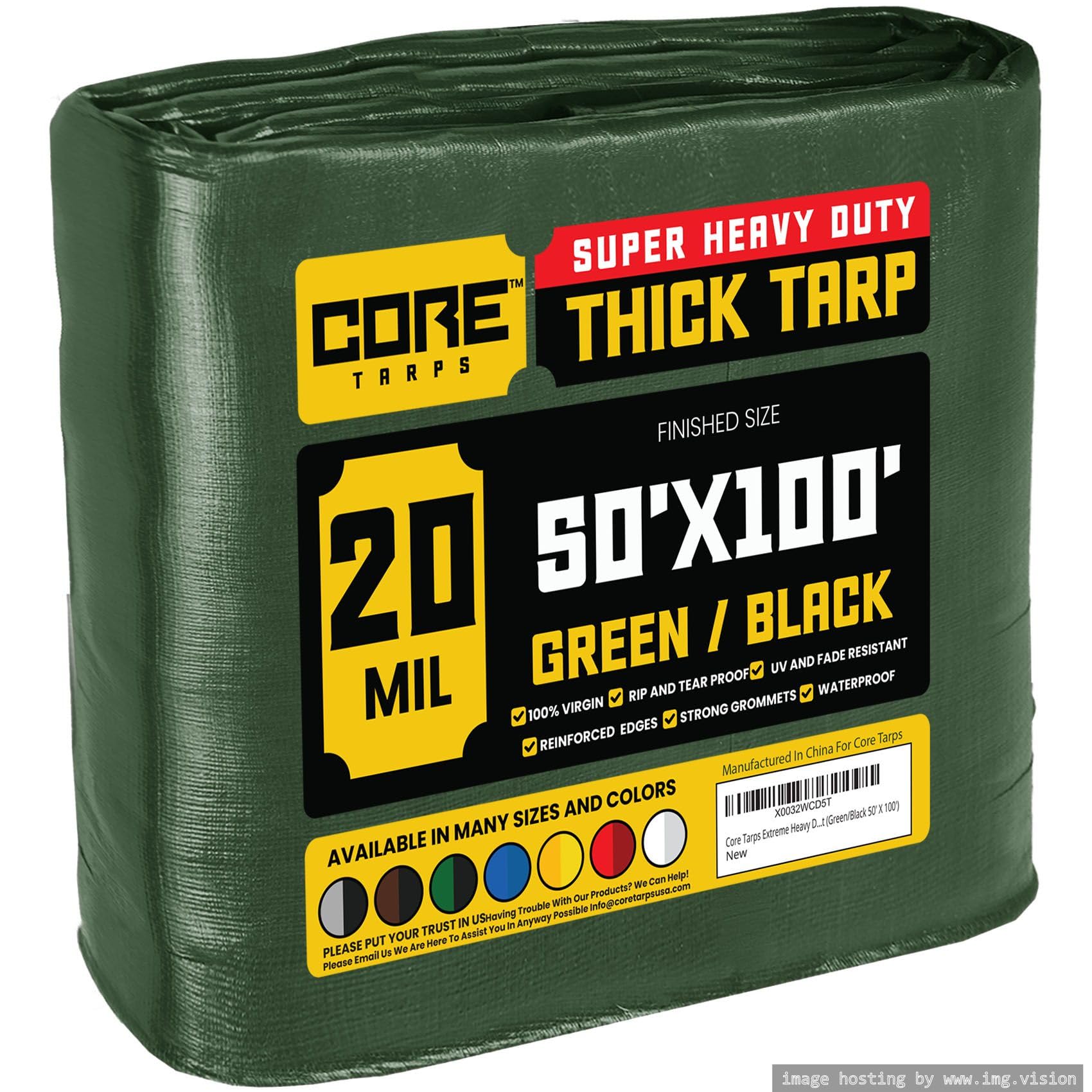 Core Tarps Extreme Heavy Duty 20 Mil Tarp Cover, Waterproof, UV Resistant, Rip and Tear Proof, Poly Tarpaulin with Reinforced Edges for Roof, Patio, Pool, Boat (Green/Black 50′ X 100′)