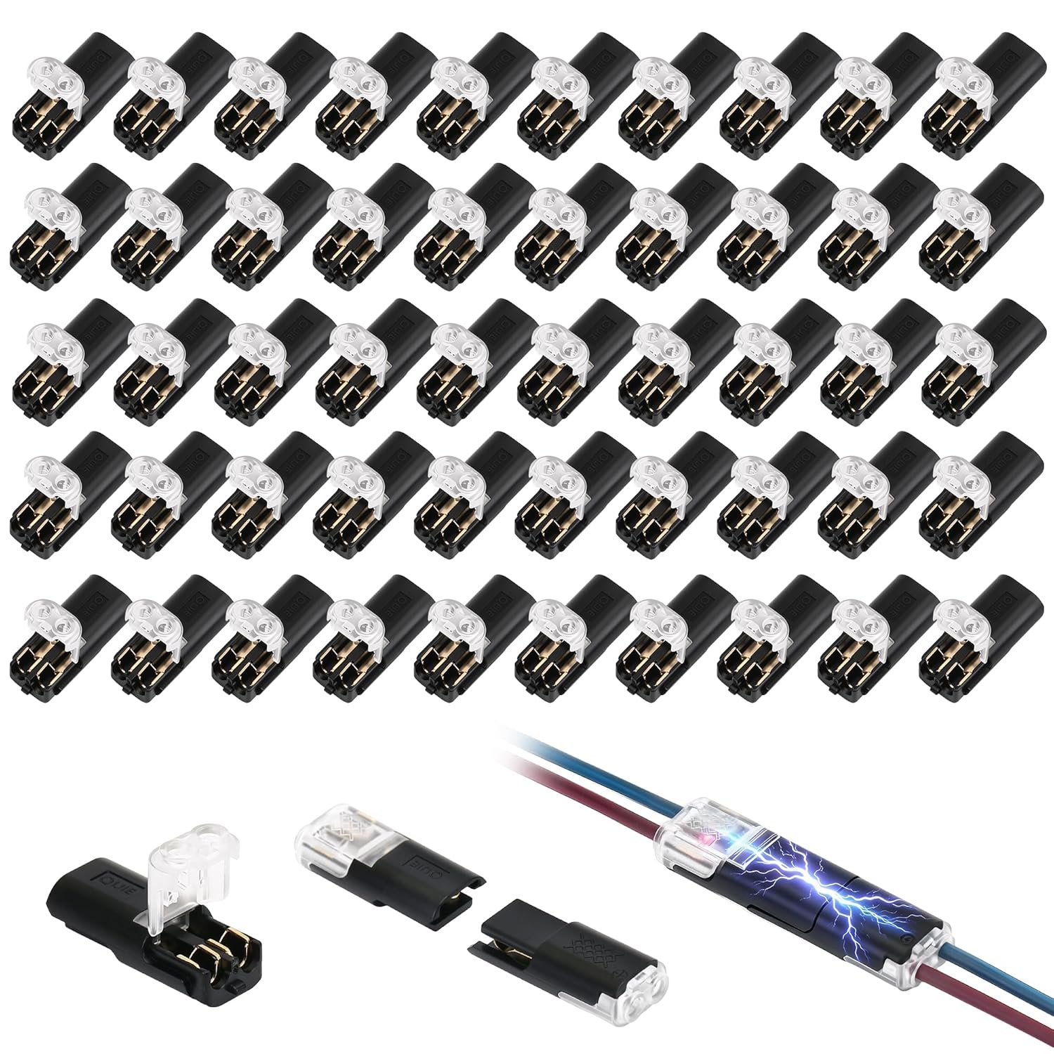 RGBZONE 50PCS Double Wire Plug in Connector, 2 Pin Wire Connector - No Wire Stripping or Cutting Required with Locking Buckle, Low Voltage Quick Connect (22-18 AWG)