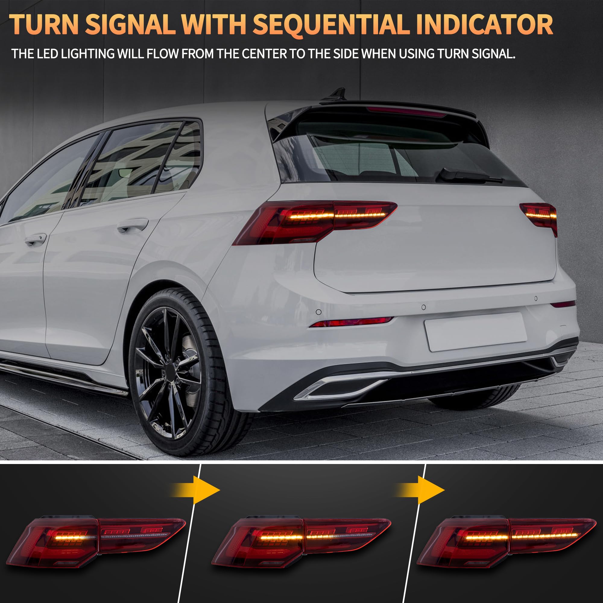 VLAND tylne światła LED do Golf MK8 Golf 8 2020-2023, z sekwencyjnym kierunkowskazem, strona kierowcy i pasażera (czerwona dioda LED)