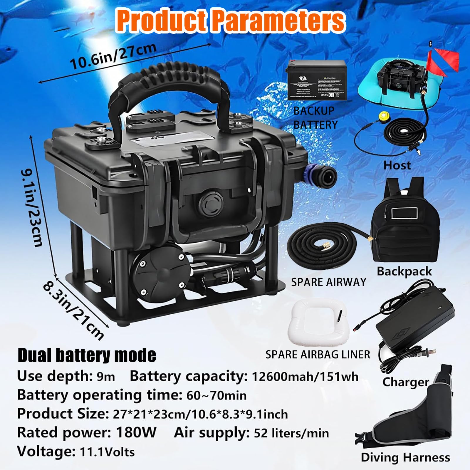 Elektrische Tauchflasche mit leiser 180W Pumpe & 9,5M Schlauch. Tankloses Tauchventilatorsystem für Freizeittauchen, Angelausflüge & Schnorcheln. Blue-dualbattery