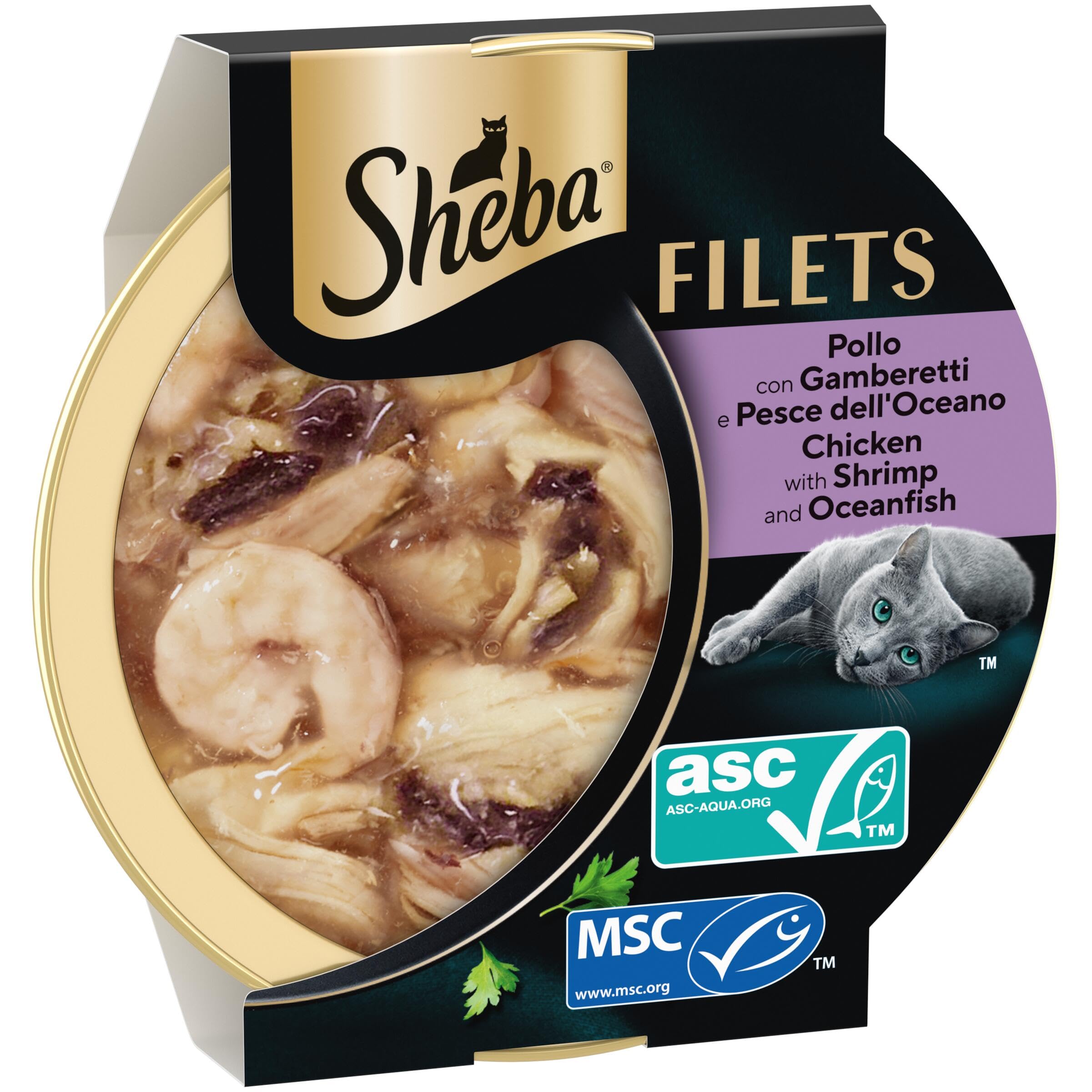 Cibo gatti adulti SHEBA Filets Pollo, Pesce Oceano, Gamberetti salsa, 32 Vaschette da 60g