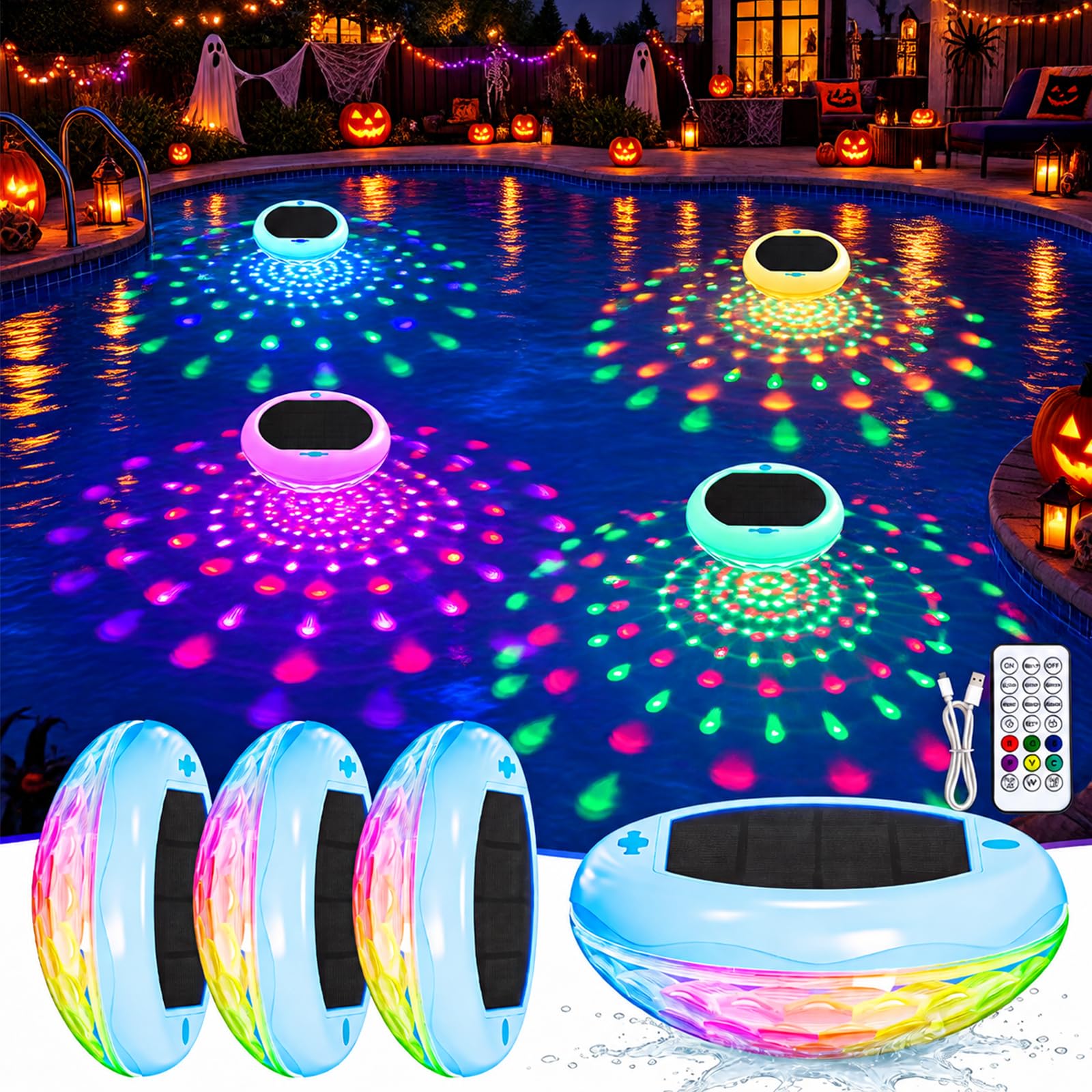 Floating Solar Pool Lights 4PACK, Halloween Lights, Pumpkin Lanterns