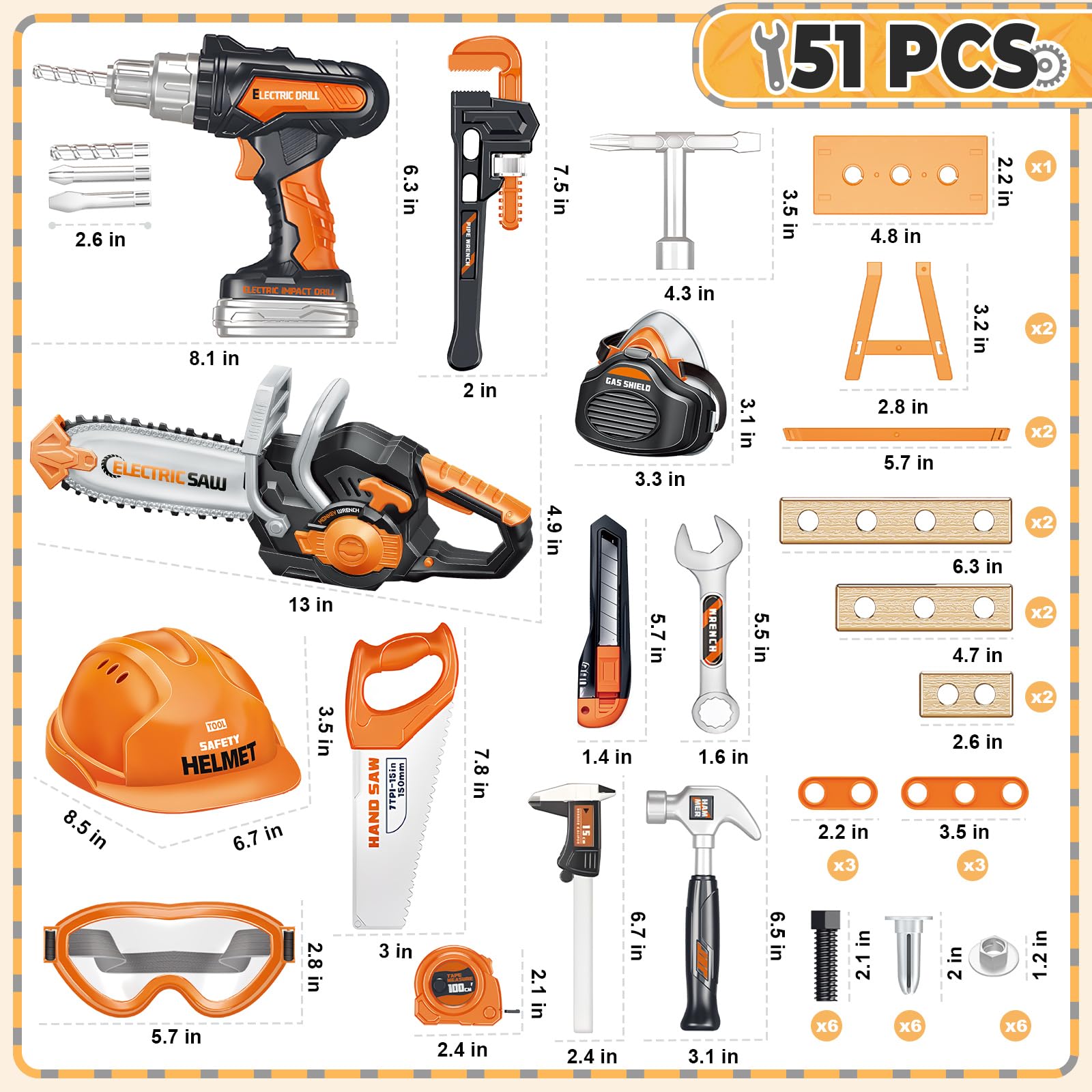 SpringFlower 51Pcs Kids Tool Set with Toy Chainsaw& Electronic Drill Toy, Toddler Tool Set, Construction Toys Tool for Kids age3,4,5,6,7,8, Tool Kit Toy for Christmas Birthday Gifts