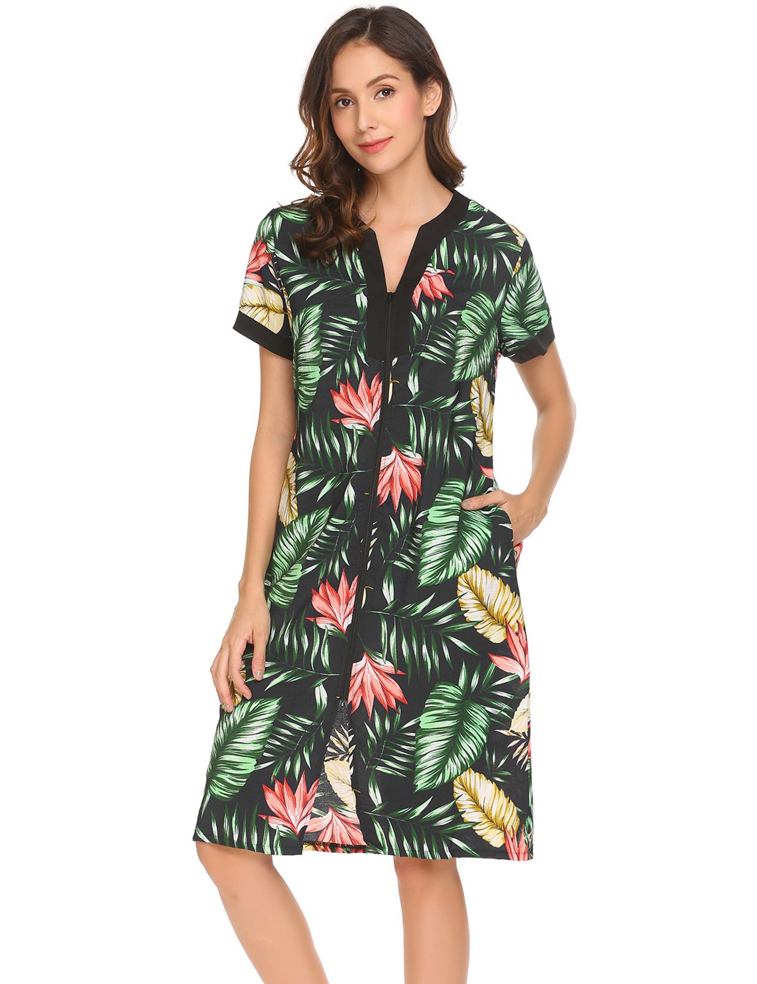 Housecoat Women Zipper Front Duster Robe Short Sleeve Lounger