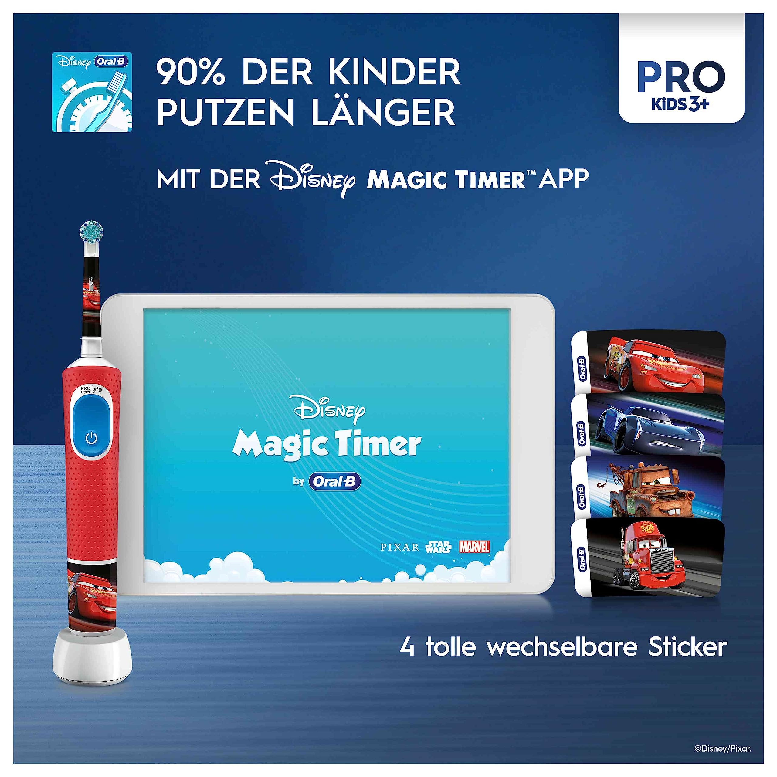 Oral-B Pro Kids Cars Elektrische Zahnbürste/Electric Toothbrush für Kinder ab 3 Jahren, inkl. Sensitiv+ Modus für Zahnpflege, extra weiche Borsten, 1 Aufsteckbürste, 1 Reiseetui, 4 Sticker, rot/blau