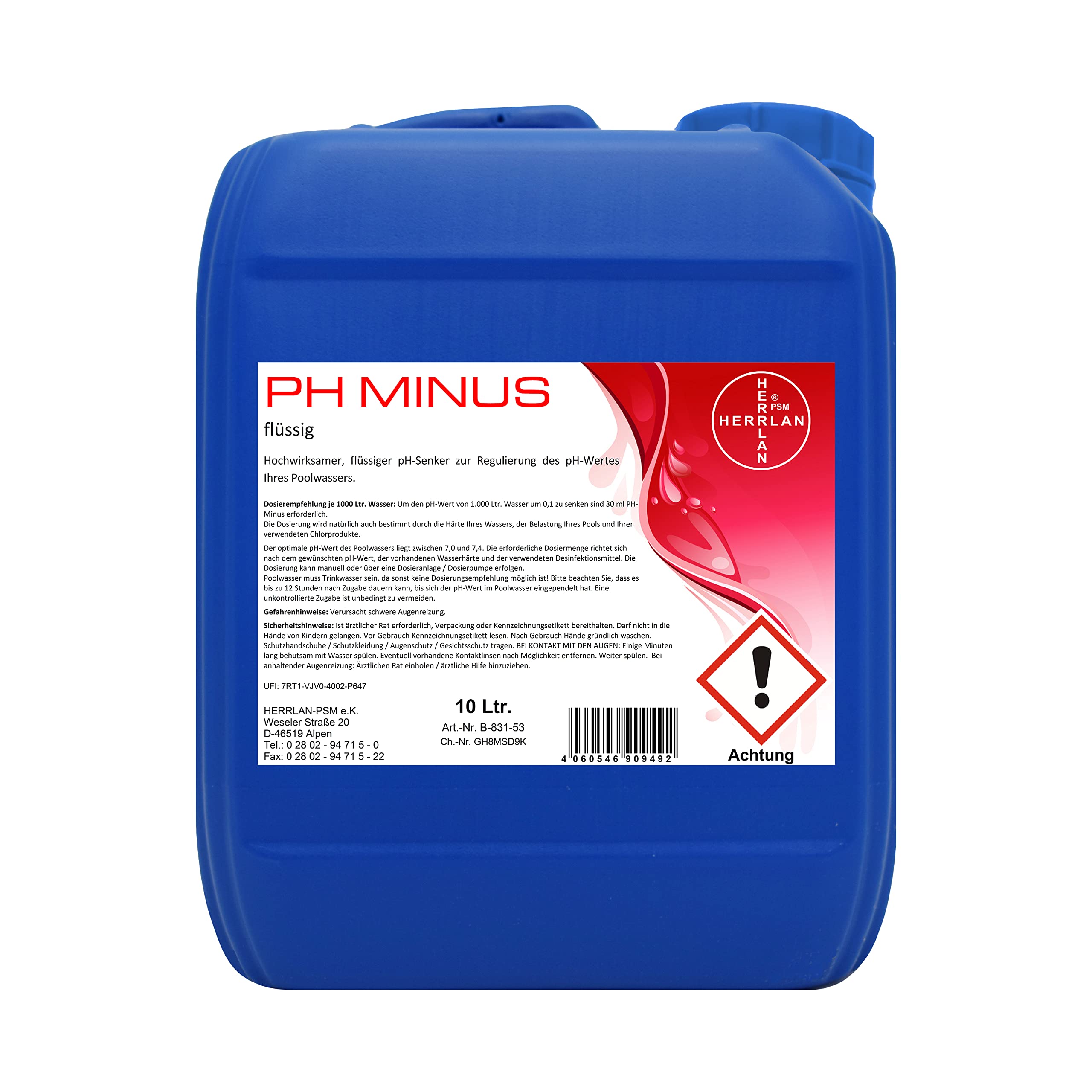 HERRLAN® pH Minus 10 litres / 11 kg – Réducteur de pH Liquide pour Piscine & Bassin – Régulation Professionnelle du pH pour systèmes au Chlore et à l’Eau salée – Fabriqué en Allemagne