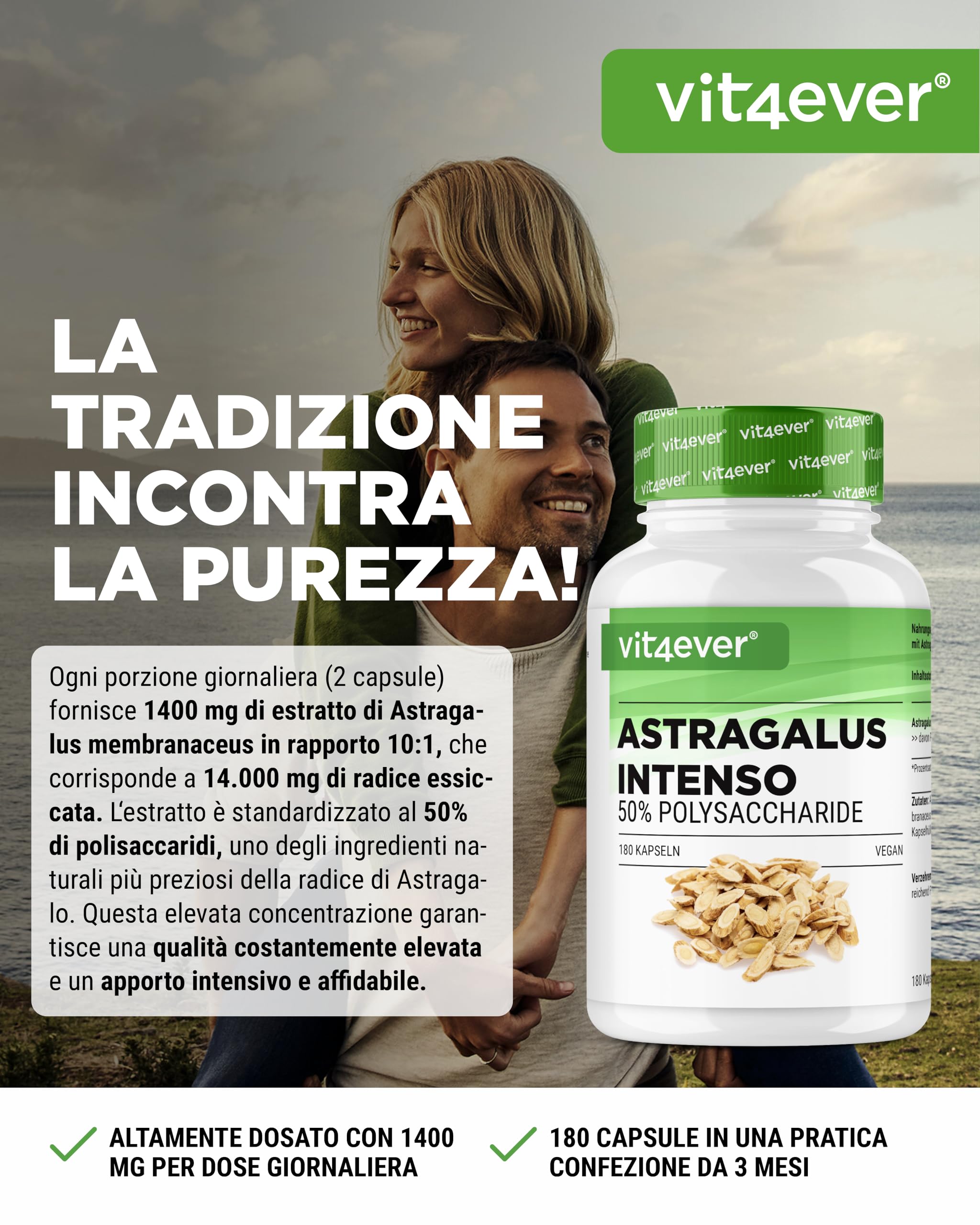 vit4ever Astragalo - Altamente dosato con 1400 mg di estratto puro al giorno - 180 capsule - Premium: 50% polisaccaridi - Estratto puro di astragalo - Senza additivi indesiderati - Vegano