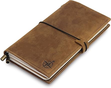 WANDERINGS Regular Size Travelers Notebook with Pockets - 4.5" x 8.5" 11.5 x 22cm - Refillable Travelers Journal -Leather Journal, Includes 100 GSM Blank Inserts