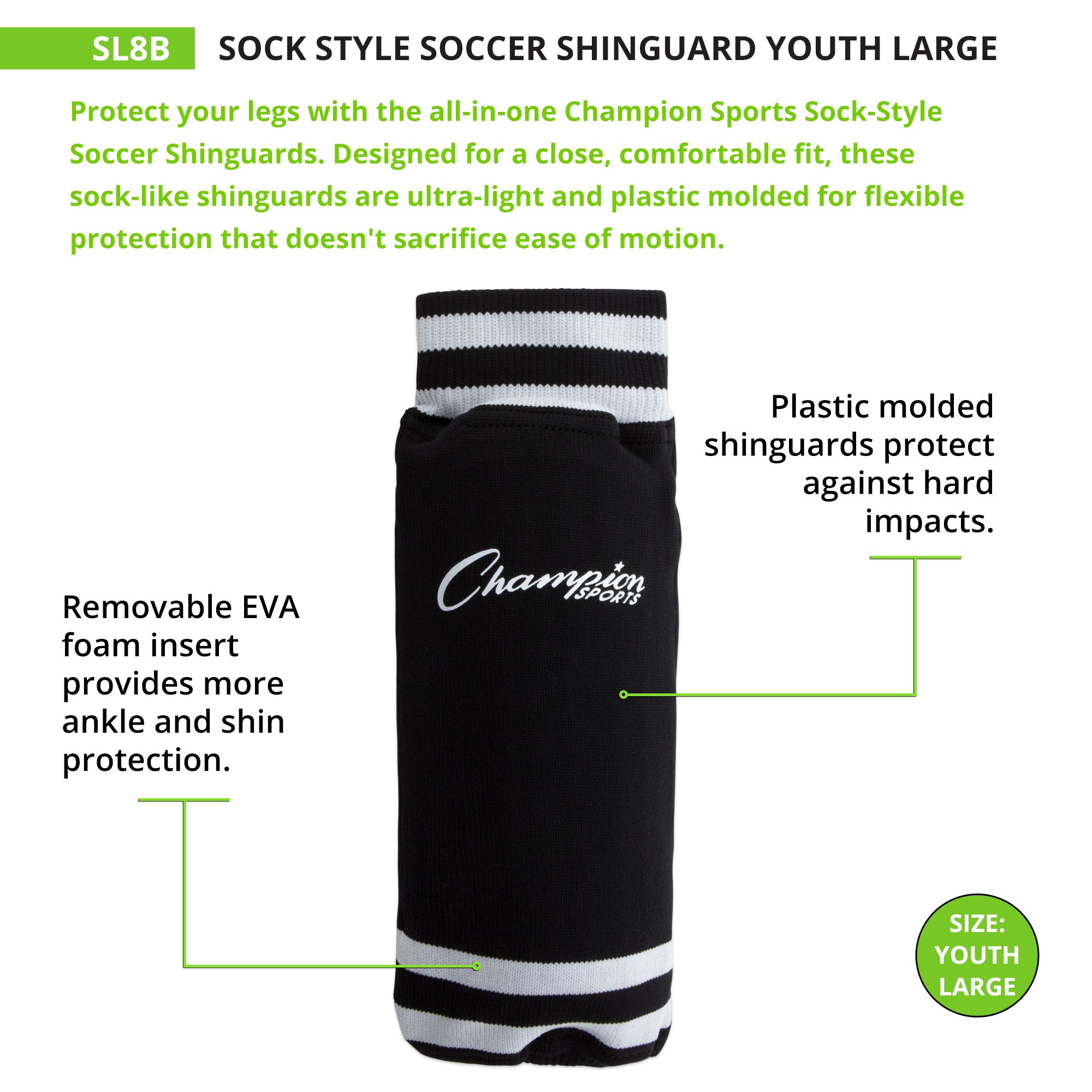 Champion Sports Youth Sock Style Soccer Shinguards – Ages 8 – 10/Large – Nero (Coppia)