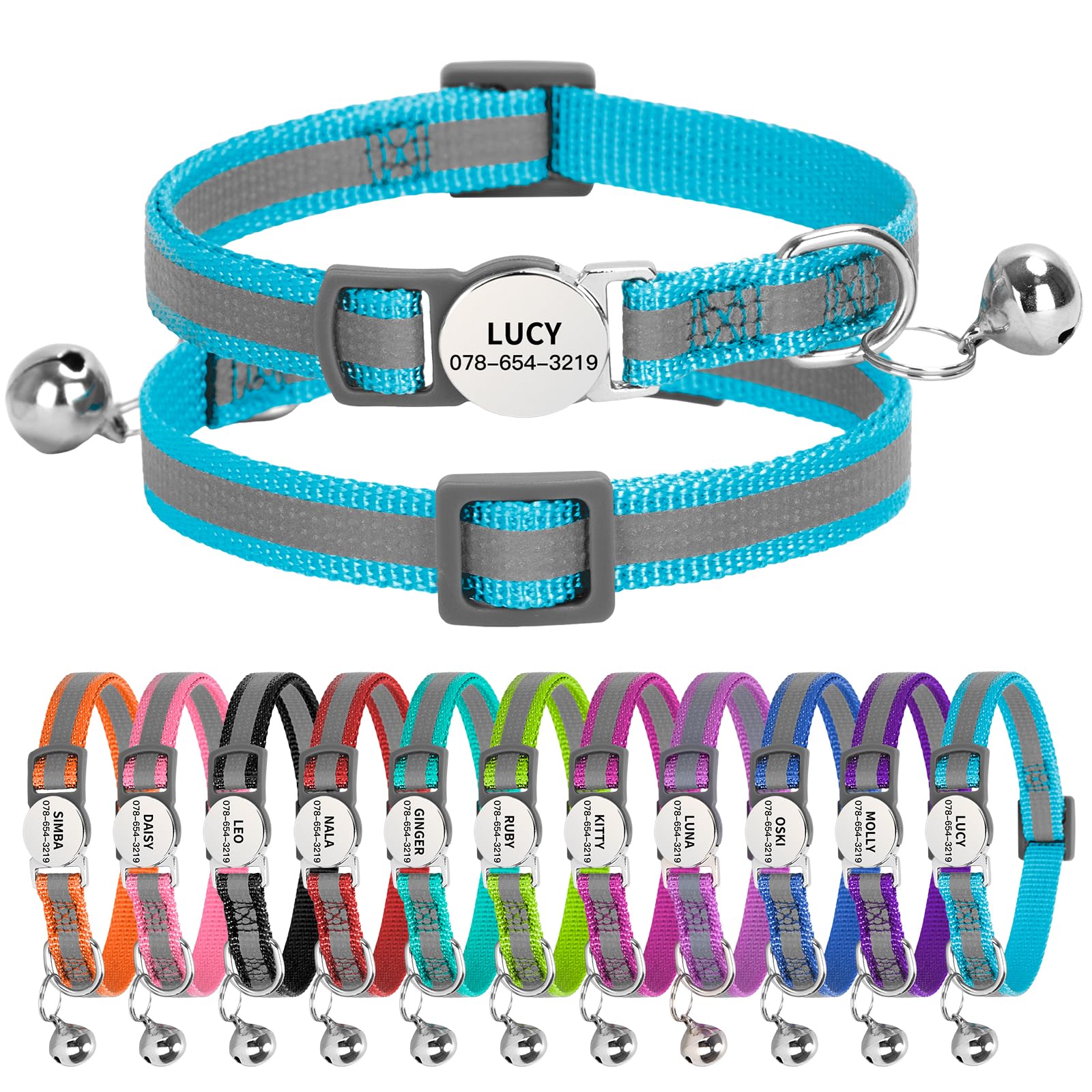 Personalised Reflective Cat Collar with Name Tag,Quick Release Kitten Collars with Bell Safety Buckle, Adjustable Nylon Cat Collar for Cats Kittens UK Prime (19–30 cm, Light Blue Strip) — image 1