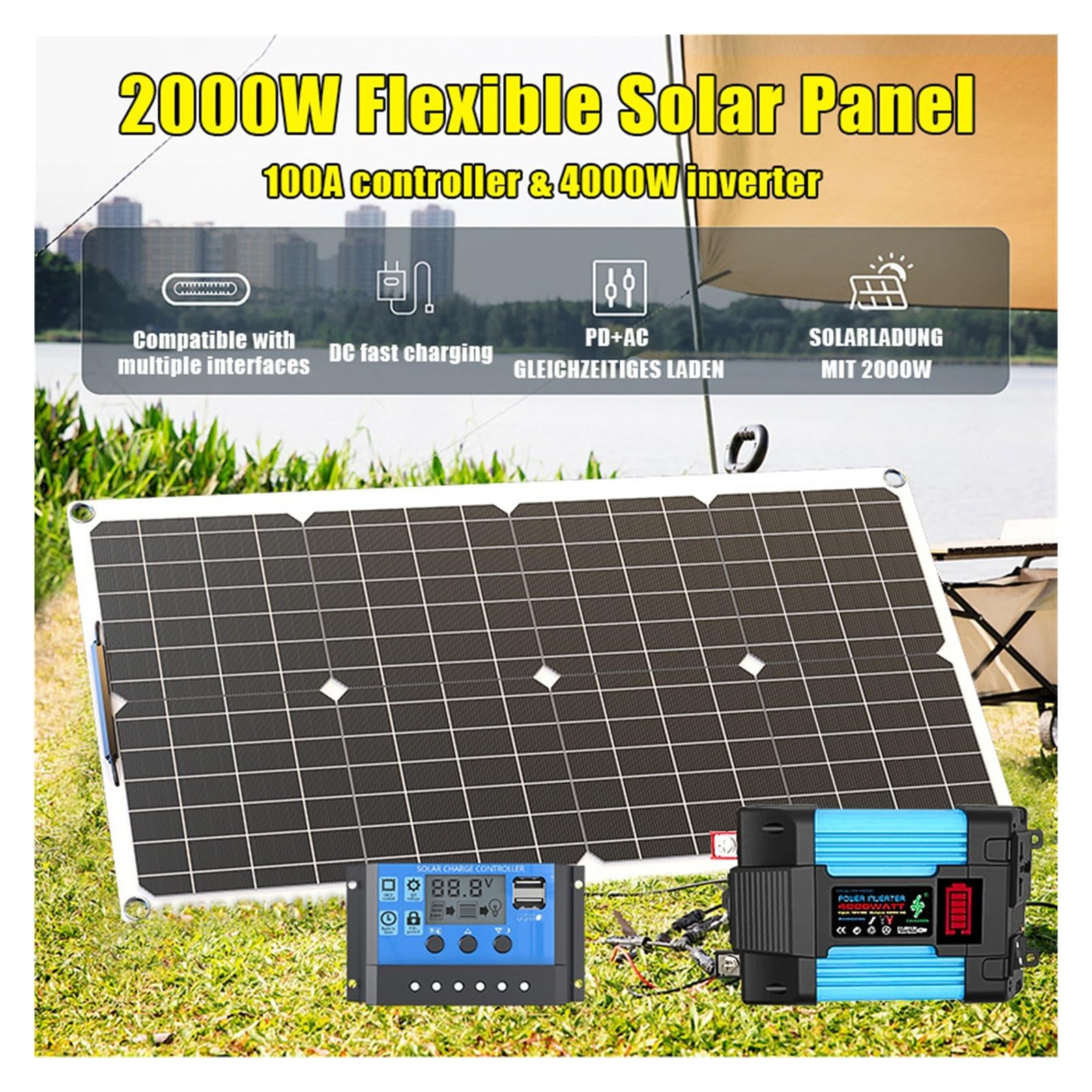 Kit solar de 6000 W: paneles solares flexibles + inversor inteligente de 12 V y doble voltaje (110 V/220 V) - Listo for el hogar/camping(220V 6000W kit)