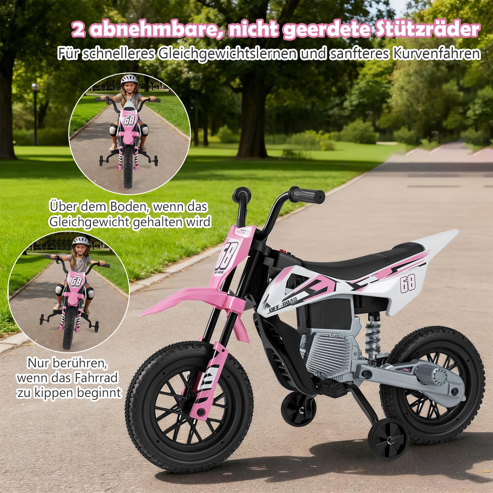 GOPLUS Kinder Motorrad 12V, Kindermotorrad elektrisch mit 2 Stützrädern abnehmbar, Elektromotorrad mit Fußpedalen, Musik & Bluetooth, Motorrad Eletro 3-5 km/h für Kinder 3-8 Jahren (Rosa)