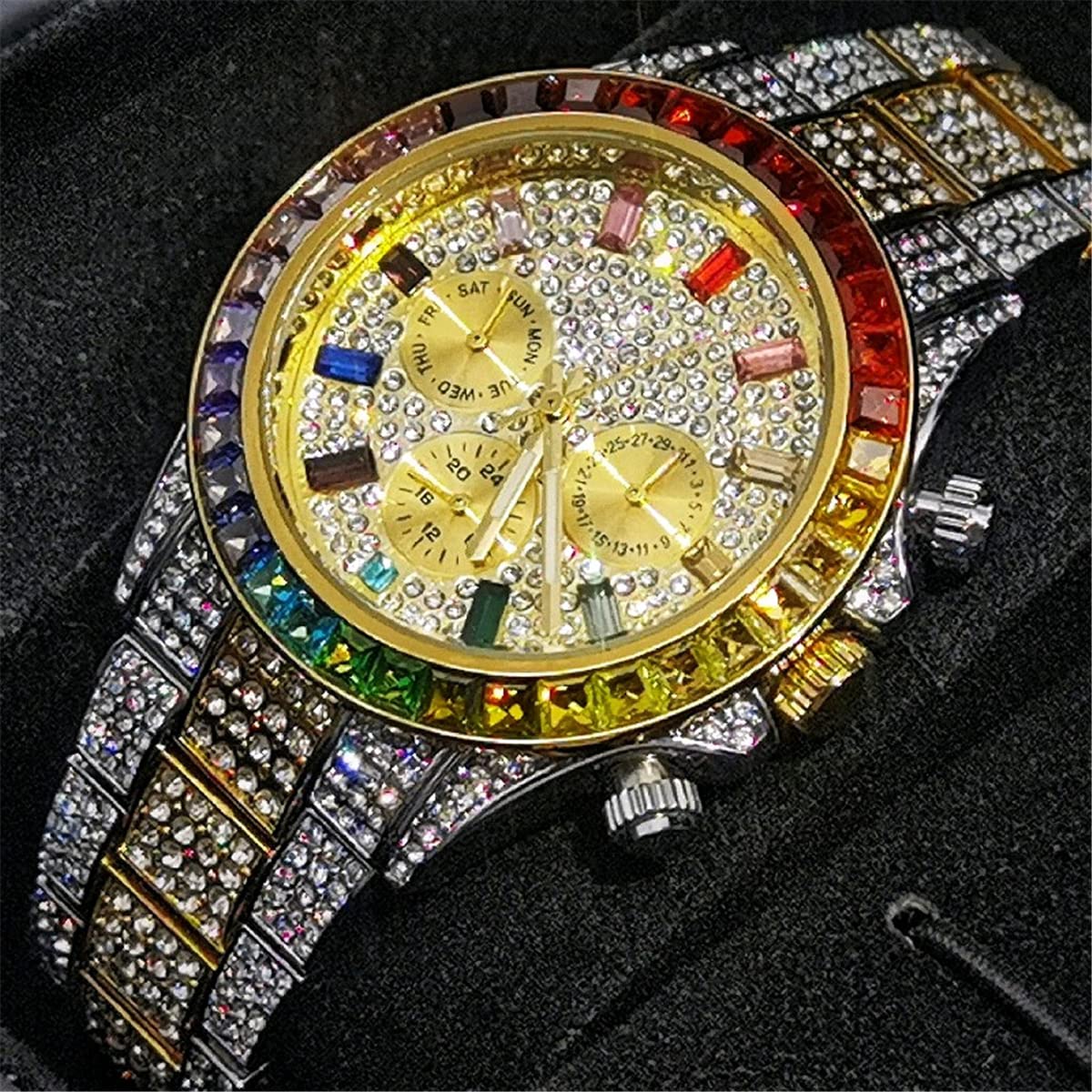 ICEDIAMOND Reloj de Pulsera de Cuarzo con Diamante de Laboratorio cúbico de 3 Ojos con Calendario mensual semanal y visualización de Zona horaria
