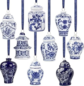 YIYA 9 Pack Porcelain Christmas Tree Ornaments 3.5 in Blue and White Ornaments Christmas Chinoiserie Hanging Ornaments Mini Ginger Jar for Xmas Tree Vintage Decoration