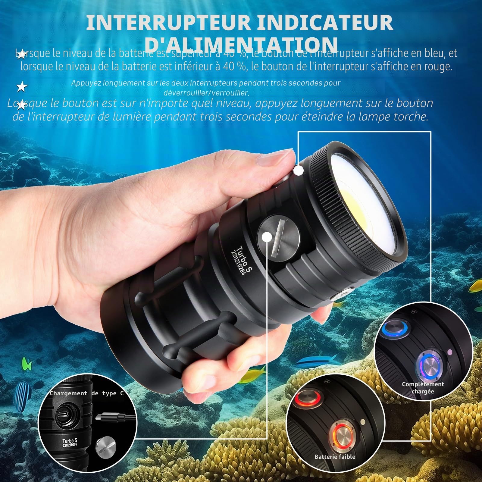 Turbo S Lampe de Plongée 10000 Lumens - Lampe Video sous-Marine Professionnelle, avec CRI 92, 5200K, Étanche 100m, Recharge USB-C pour Sports Nautiques et Plongée Professionnelle