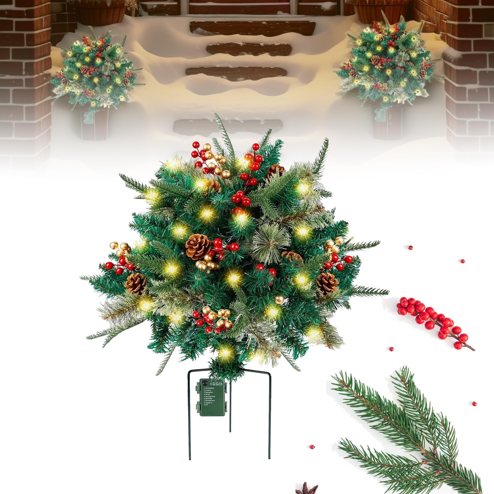 Holiday Planter, Holiday Planter Decorations,Faux Holiday Planter, 2025 New Holiday Planter Filler for Holiday Planter Decorations with Lights,Holiday Planter Greenery(1pcs)