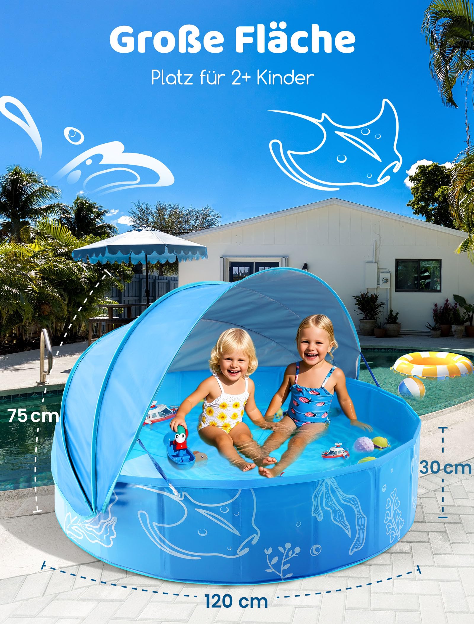 Hikiddy Planschbecken mit Schatten 120 cm Pop-Up Splash Pool für Sommer Strand Garten Blau