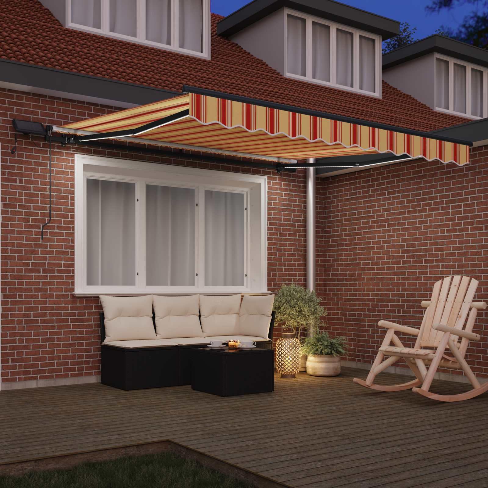 Wysuwana markiza żółto-pomarańczowa, 350 x 250 cm, tkanina odporna na promieniowanie UV, ręczna, z oświetleniem LED, na taras i balkon, odporna na warunki atmosferyczne, ochrona przed słońcem