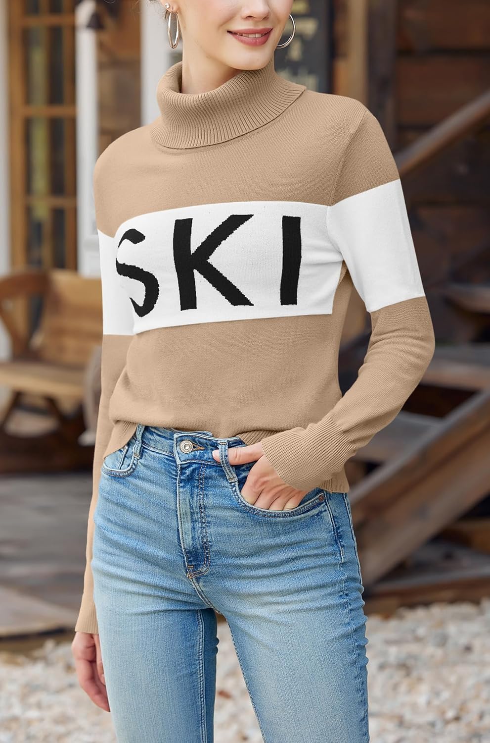 Women Turtleneck Sweater Warm Shirts Apres Ski Shirt with Ear and Thumb Holes Winter Skiing Snow Trip Party Fit - Image 3