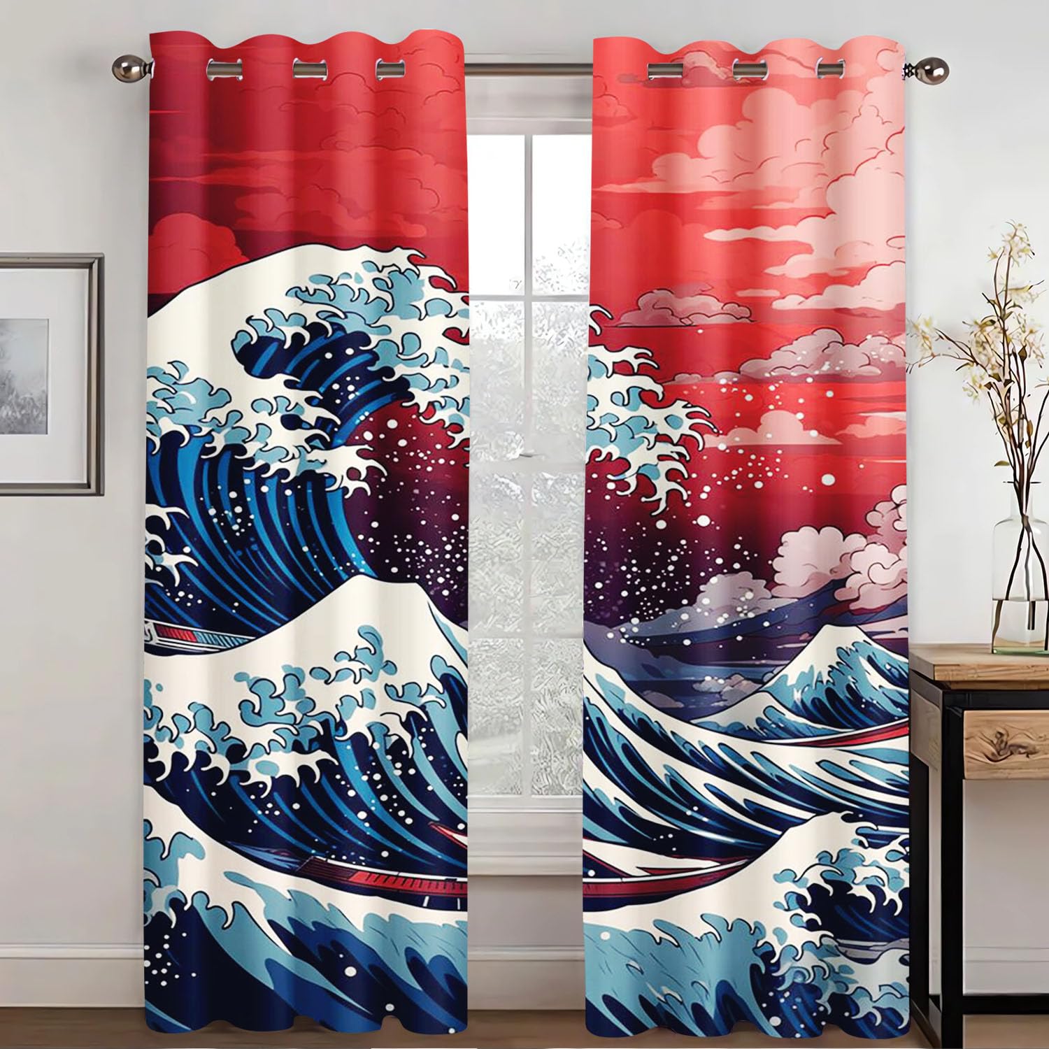 SHROUDEX Japanese Ukiyoe Blackout Curtain with Eyelets, Hokusai Wave Koi Window Curtain for Children's Room, Bedroom, 2 Panels (9.280 x 245 cm (2 x 140 x 245 cm) — image 1