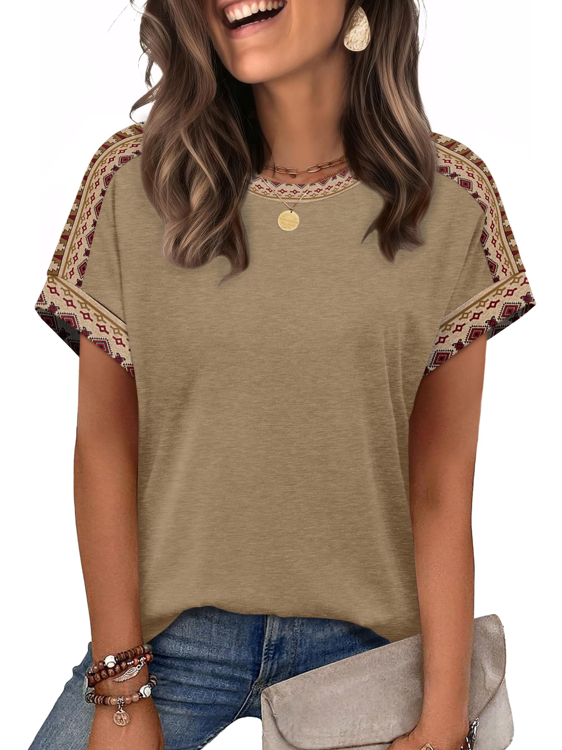 WIHOLL Womens Tops Short Sleeve Shirts Summer Outfits 2026 Spring Dressy Casual Clothes Clothing Large Boho Beige
