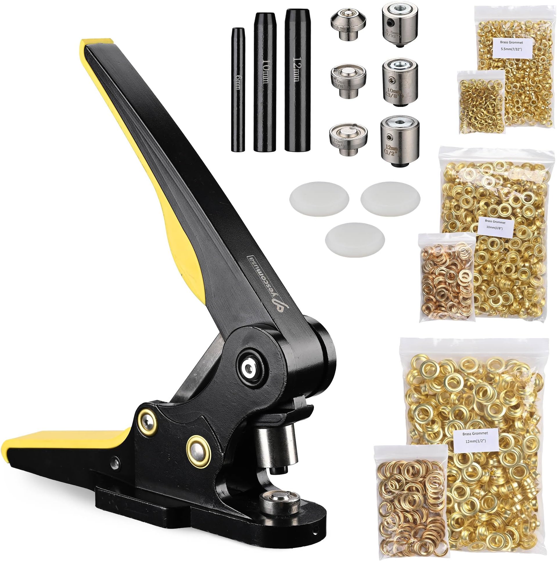Solid Brass Grommet Tool Kit 1/2" 3/8" 7/32" Pure Copper Material Rust-Proof Eyelets Washers 900 Sets & Leathercraft Punching #0#2#4 Hand Press Machine YES0548