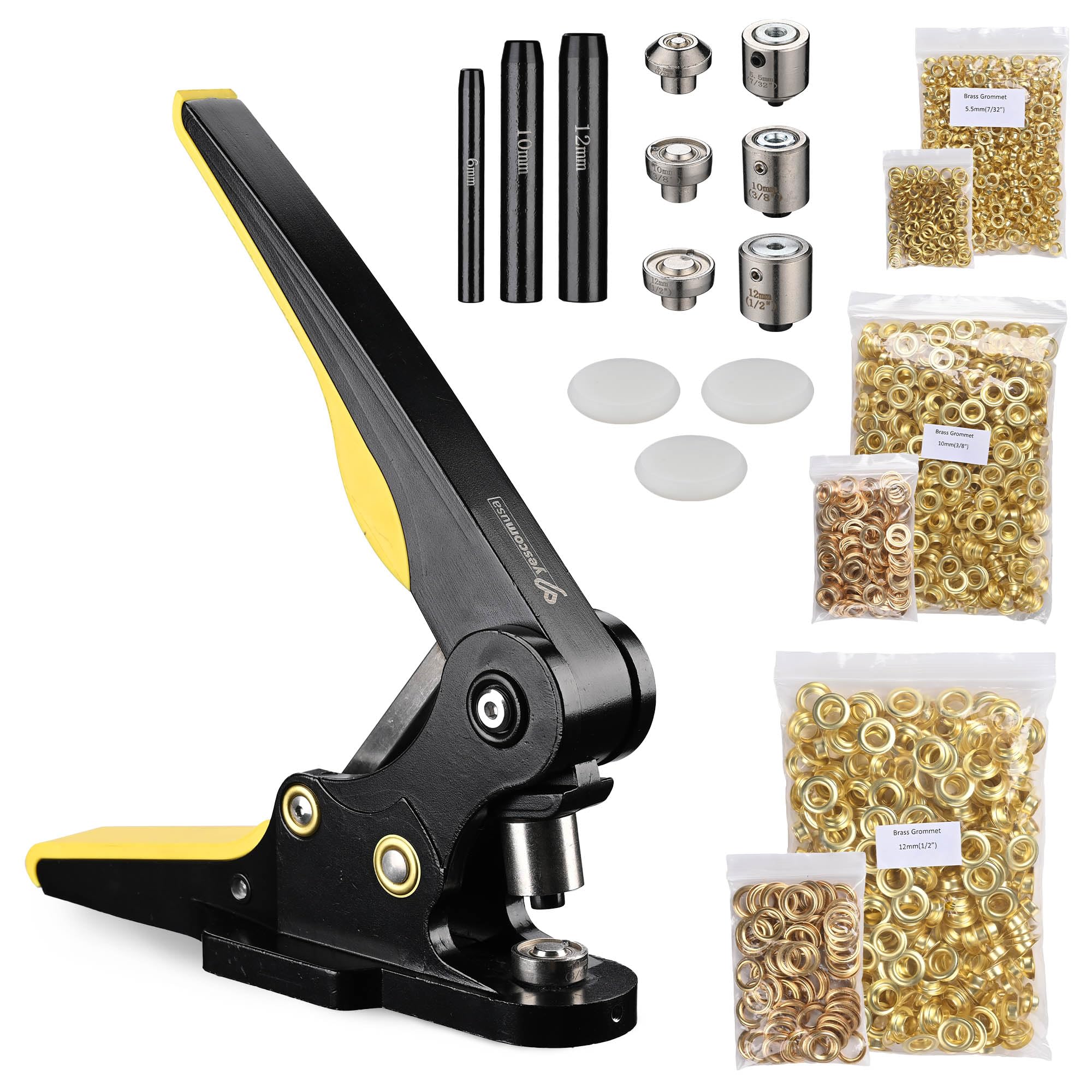 Yescom Solid Brass Grommet Tool Kit 1/2" 3/8" 7/32" Pure Copper Material Rust-Proof Eyelets Washers 900 Sets & Leathercraft Punching #0#2#4 Hand Press Machine YES0548