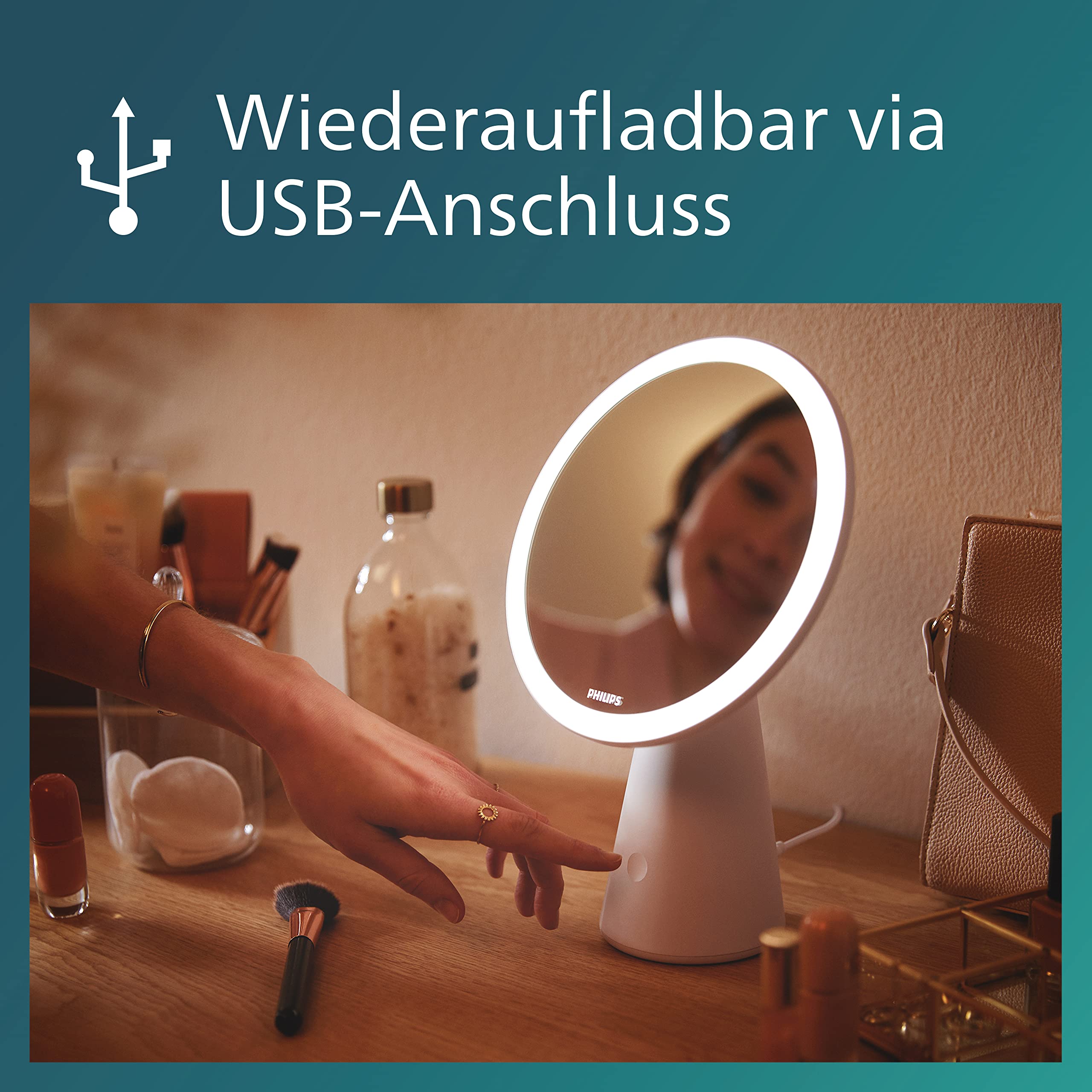 PHILIPS LED Mirror Spiegelleuchte, drei voreingestellte Lichteinstellungen, natürliche Farben, USB-Ladestation, rosé