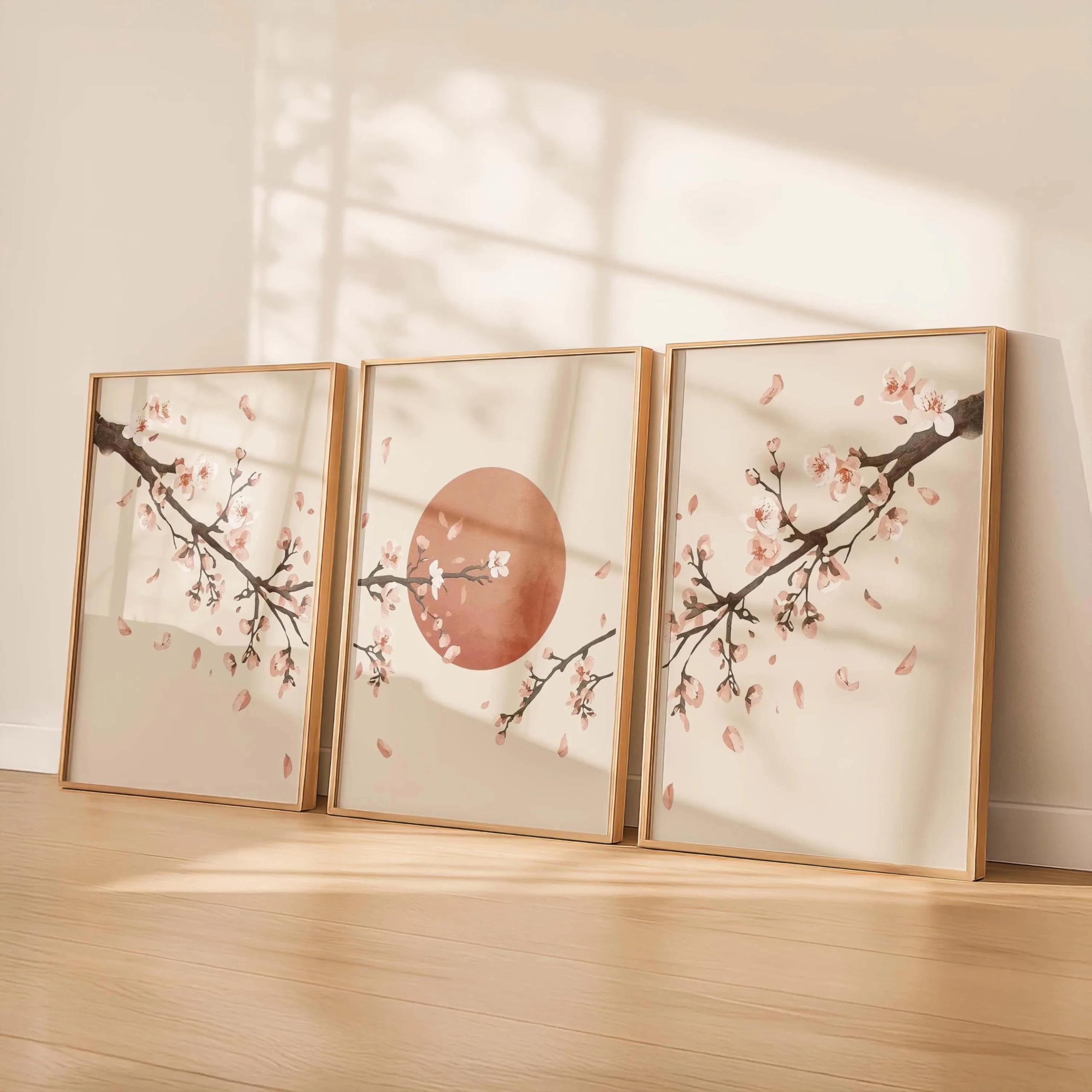Ltjiajuypd Frameless Wall Art Cherry Blossom Prints Japanese Sun Canvas Minimalist Zen Neutral Living Room Decor(60X85cm-3Pcs)