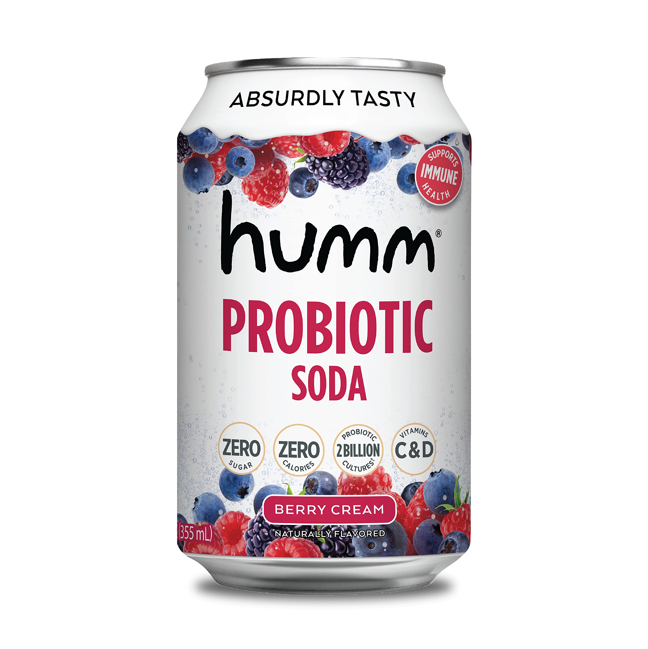 Humm Sparkling Probiotic Berry Cream Soda - Zero Sugar, Zero Calorie, 2 Billion Probiotics - Vitamin C, D, and B12-12 fl oz (6 Pack)