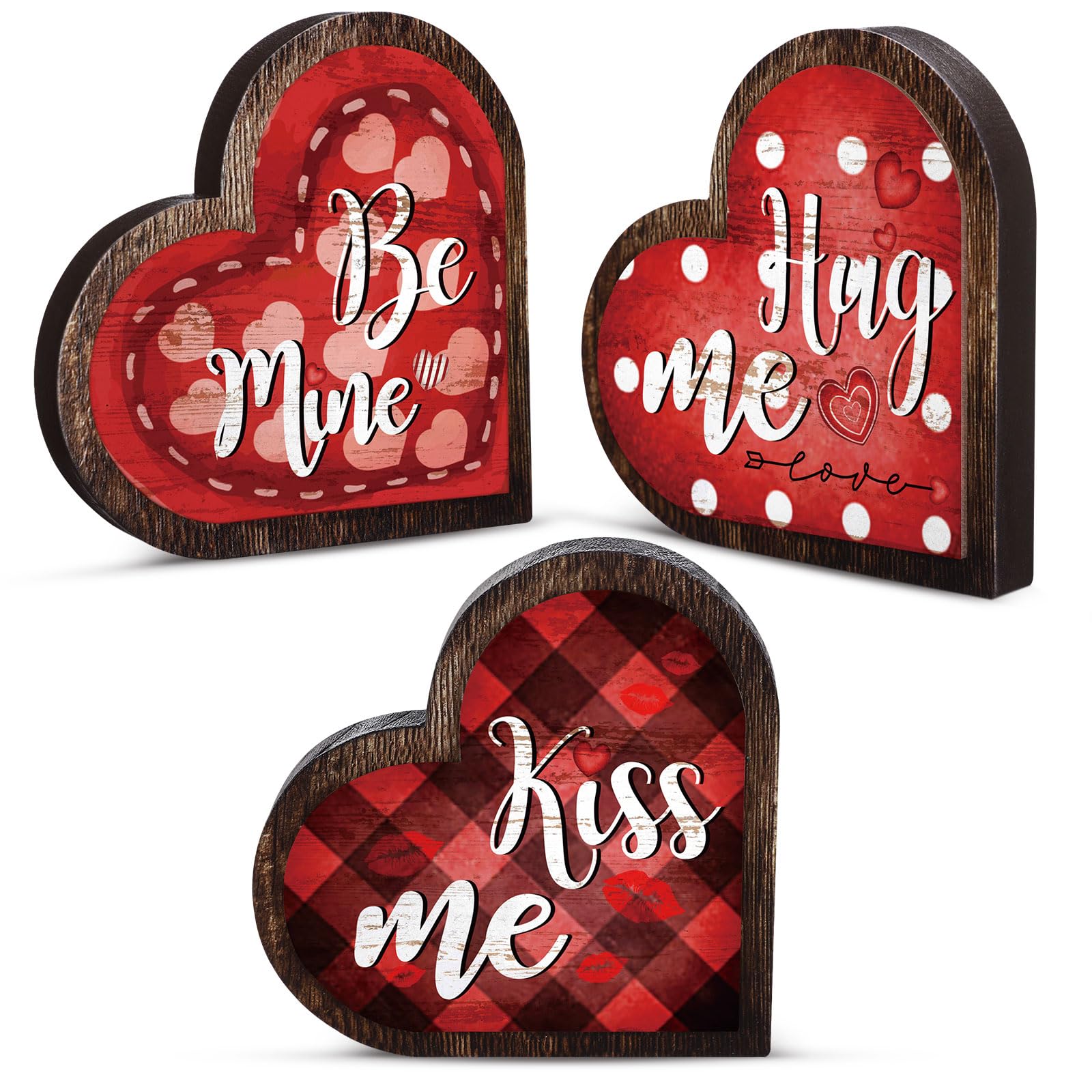 3 letreros de decoración de mesa de San Valentín, bandeja escalonada para el día de San Valentín, bloques de amor de madera, abrazos, besos, madera, independiente, decoración para el día de