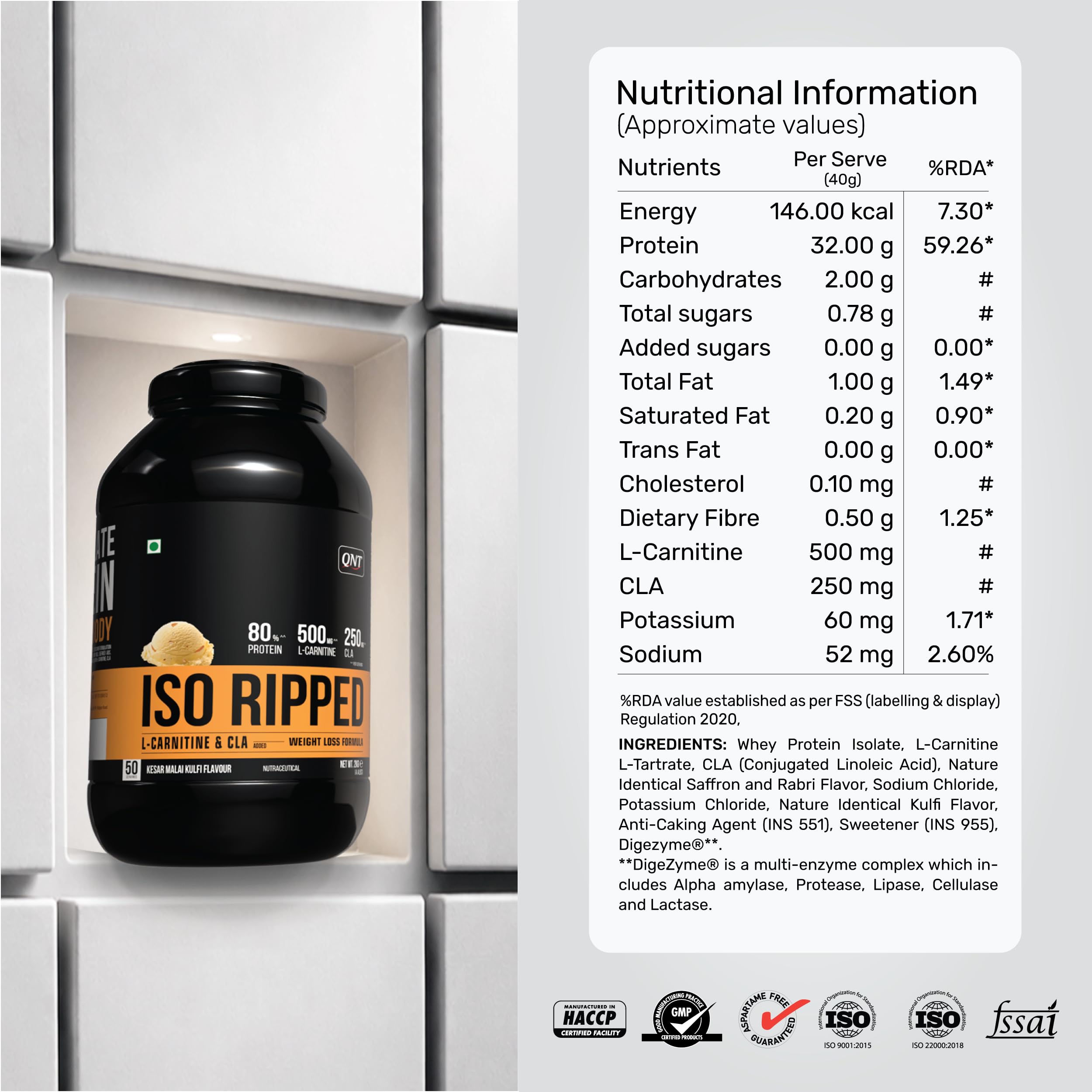 QNT ISO Ripped Whey Protein Isolate Powder | With L-Carnitine & CLA | 32g Pure Whey Isolate per Serving | Supports Lean Muscle Growth & Weight Loss | Kesar Malai Kulfi Flavor, 2 Kg — Amazon image 3