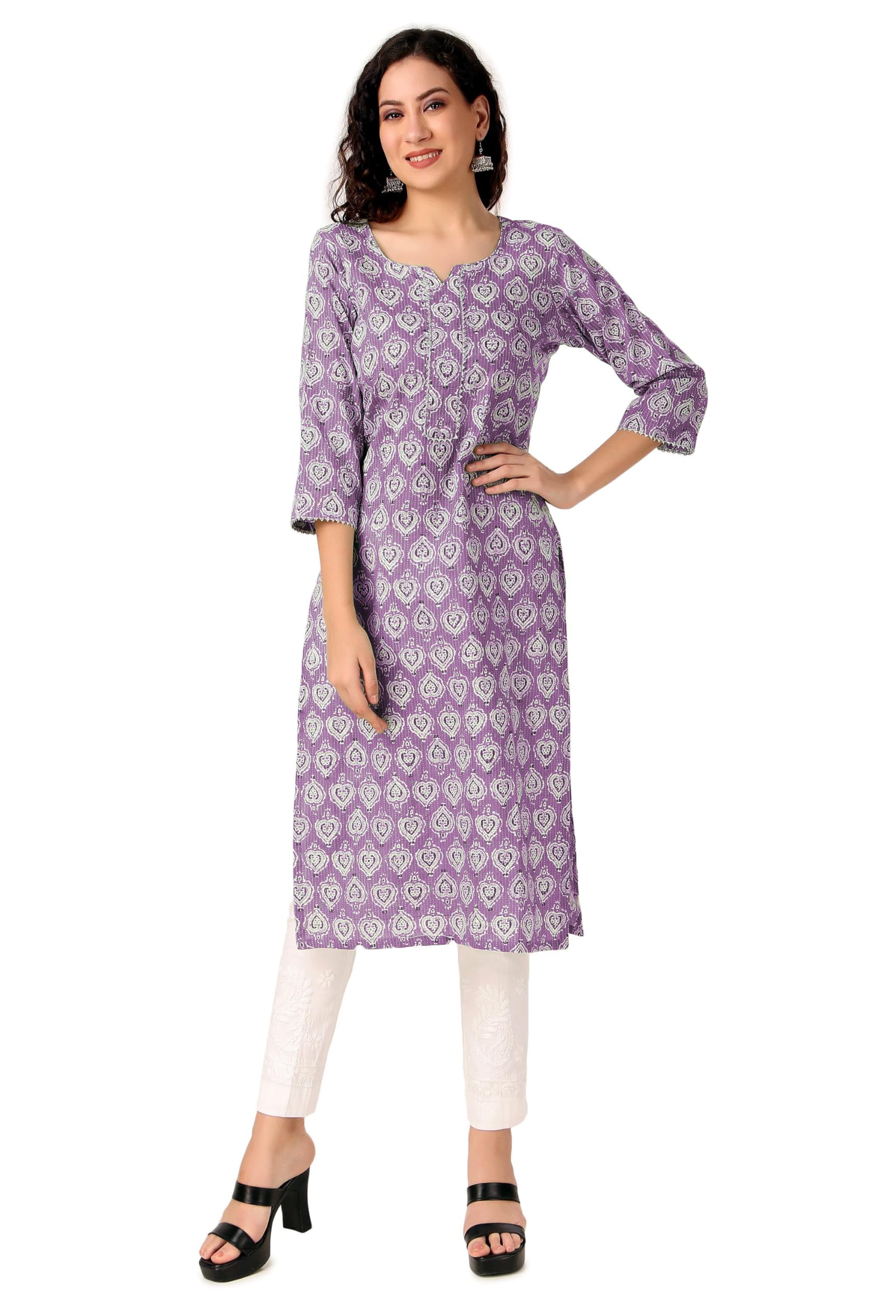 LadylineTraditional Printed 100% Cotton Kurtis for Women with Lace work Tunic Top