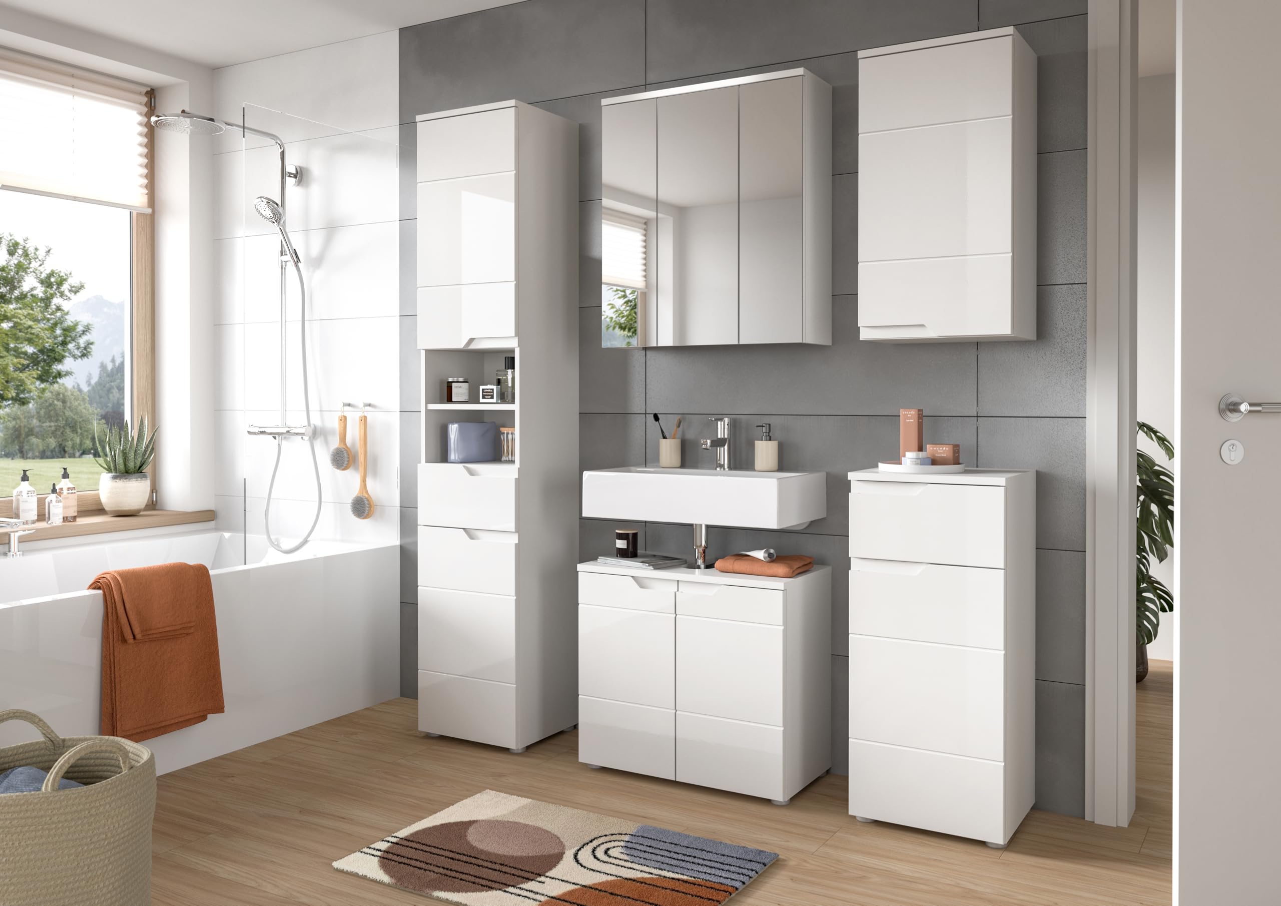 xonox.home - Hängeschrank Solero 38x73x27 cm in weiß und weiß hochglanz - Badezimmerkombination Badmöbel Badset - zeitloses Design schöner Blickfang
