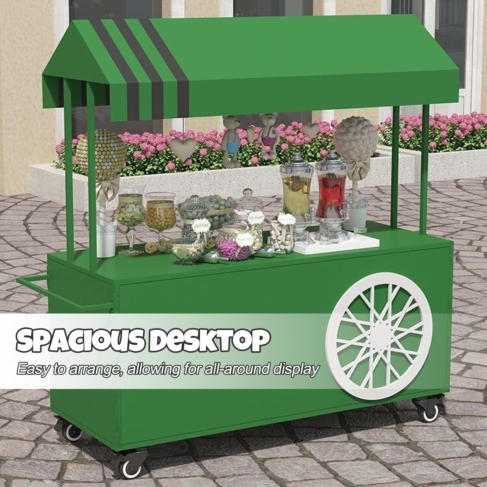 Carrello alimentare mobile con ruote e tenda da sole per Street Vending ed eventi di mercato