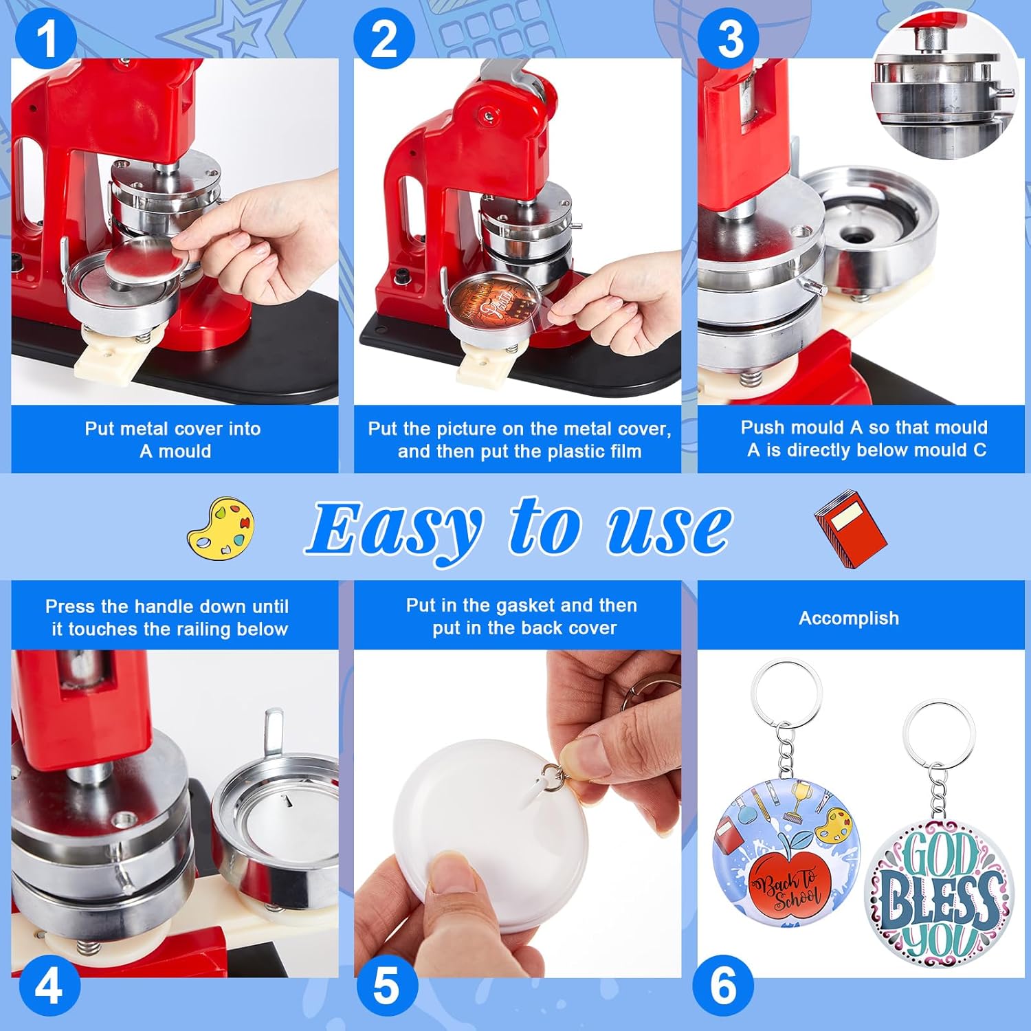 Tondiamo 100 Sets 58 mm/ 2.25 Inch Button Maker Keychains Supplies Metal Button Badge Sets Including Metal Shell, Plastic Film, Backing Parts, Keychain for Maker Machine DIY Gifts (Plastic Base)