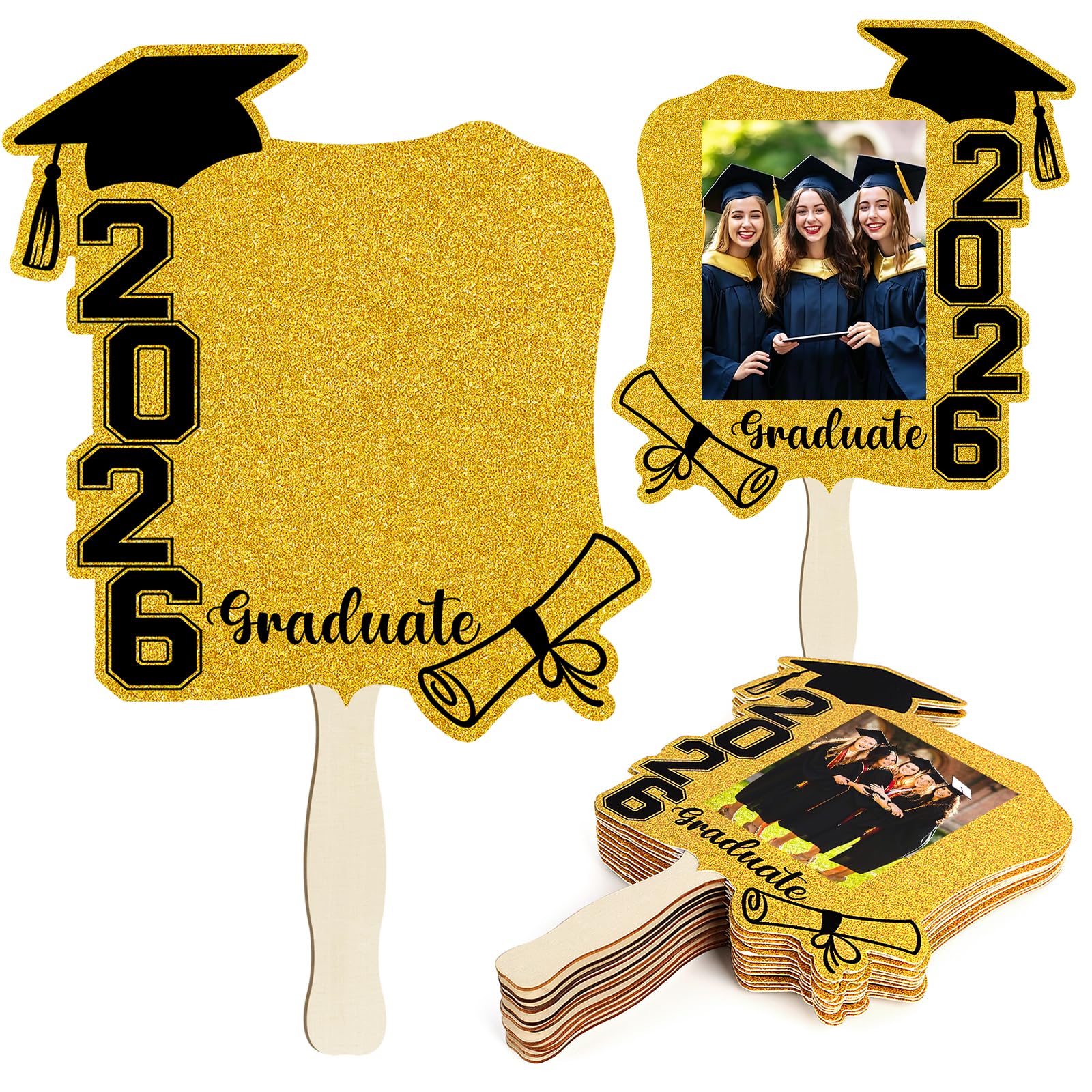 Photo 1 of Graduation Face Fans with Handle Double Sided Custom Graduation Face Cutouts Fans on a Stick DIY Photo Frame for Class of 2026 Grad Photo Props Graduation Party Souvenirs Supplies(12 Pcs,Gold)