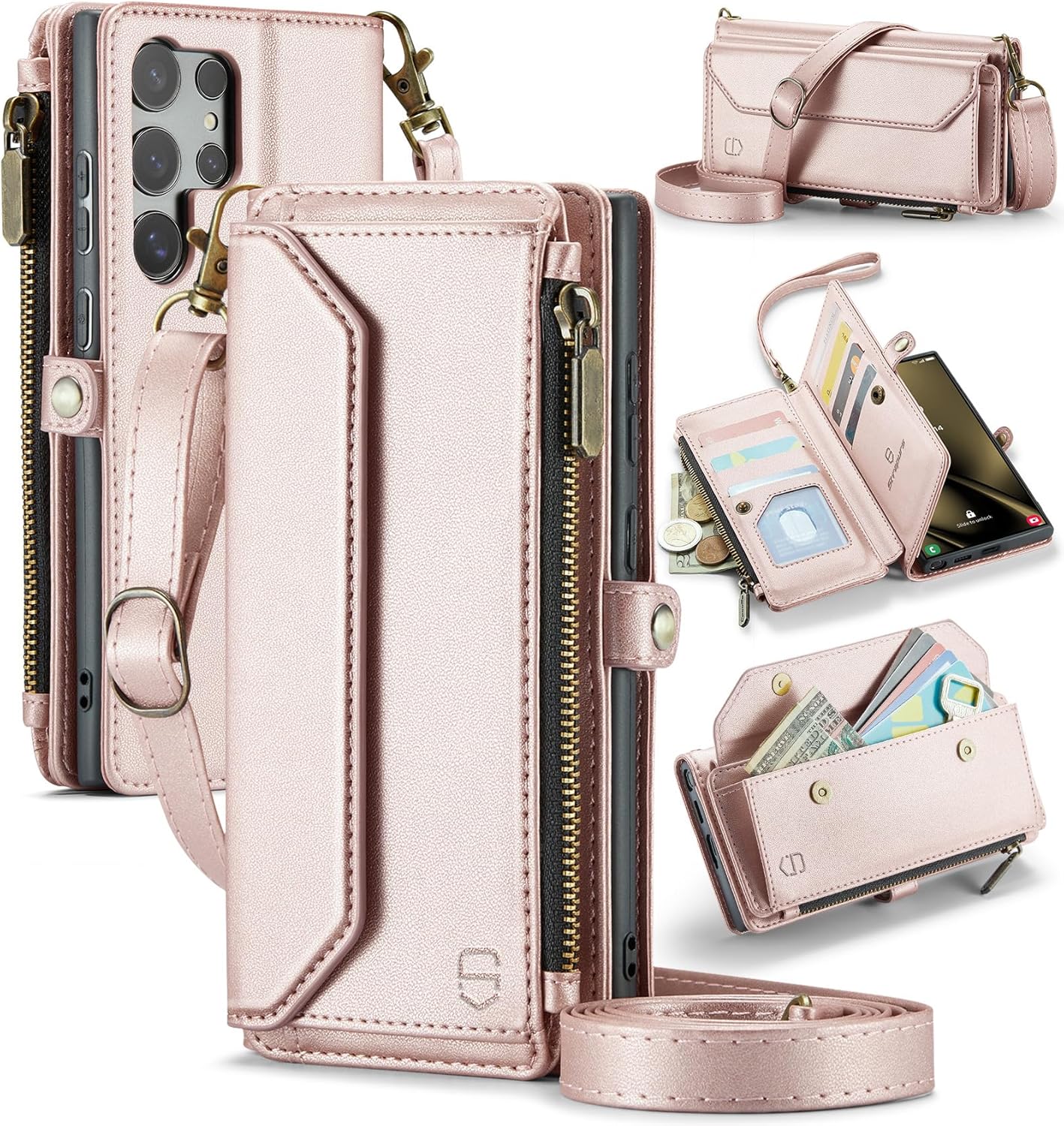 Wallet Case Compatible with Samsung Galaxy S25 Ultra 5G RFID Blocking 10-Card Holder Soft PU Leather Magnetic Snap Strap Zipper Pocket Phone Case Fit for Galaxy S25 Ultra - Rose Gold