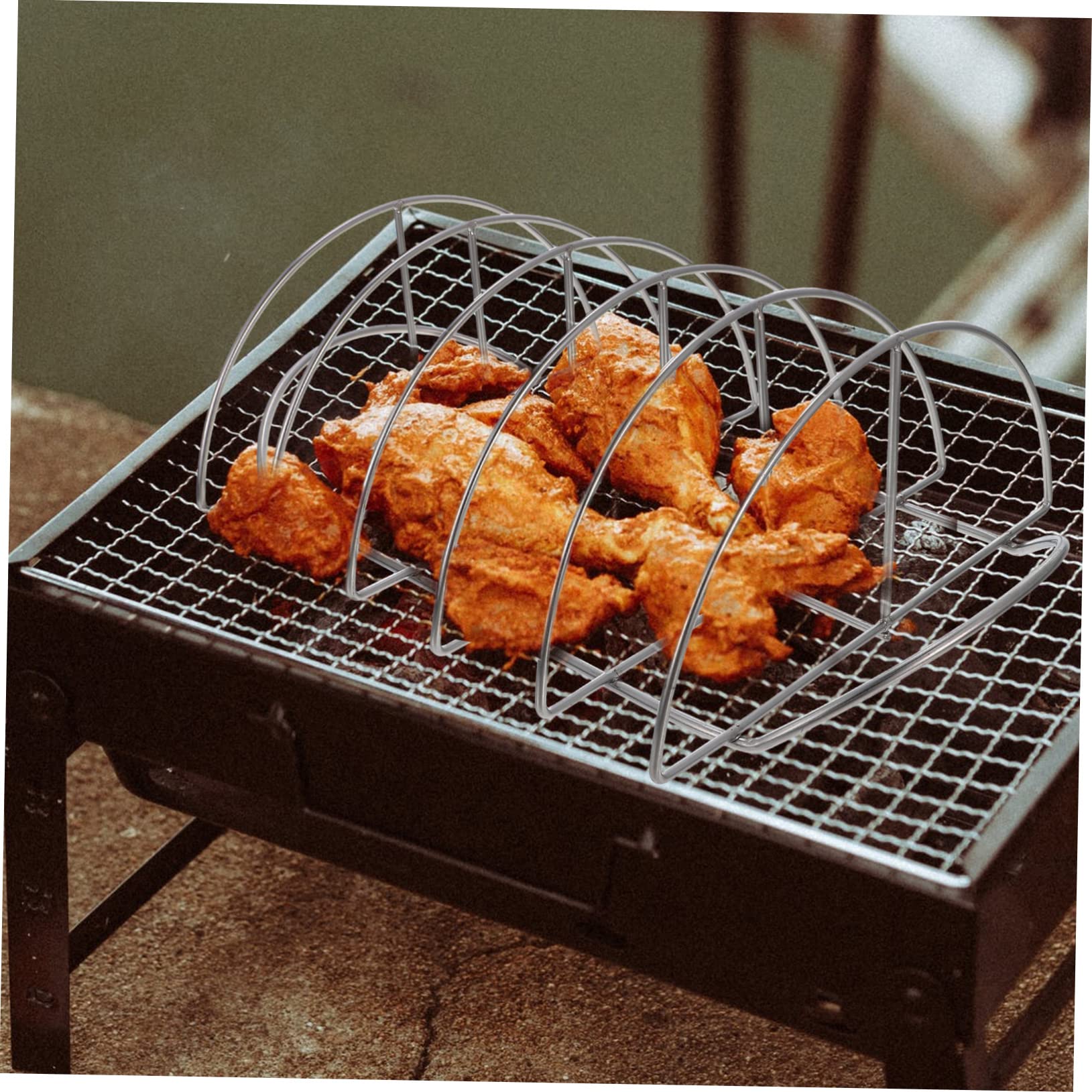Kisangel Supporto per Costine da Barbecue in Acciaio Inox, Rastrelliera Multiuso per Agnello e Pollo, Leggero e Resistente, per Picnic e Grigliate in Casa