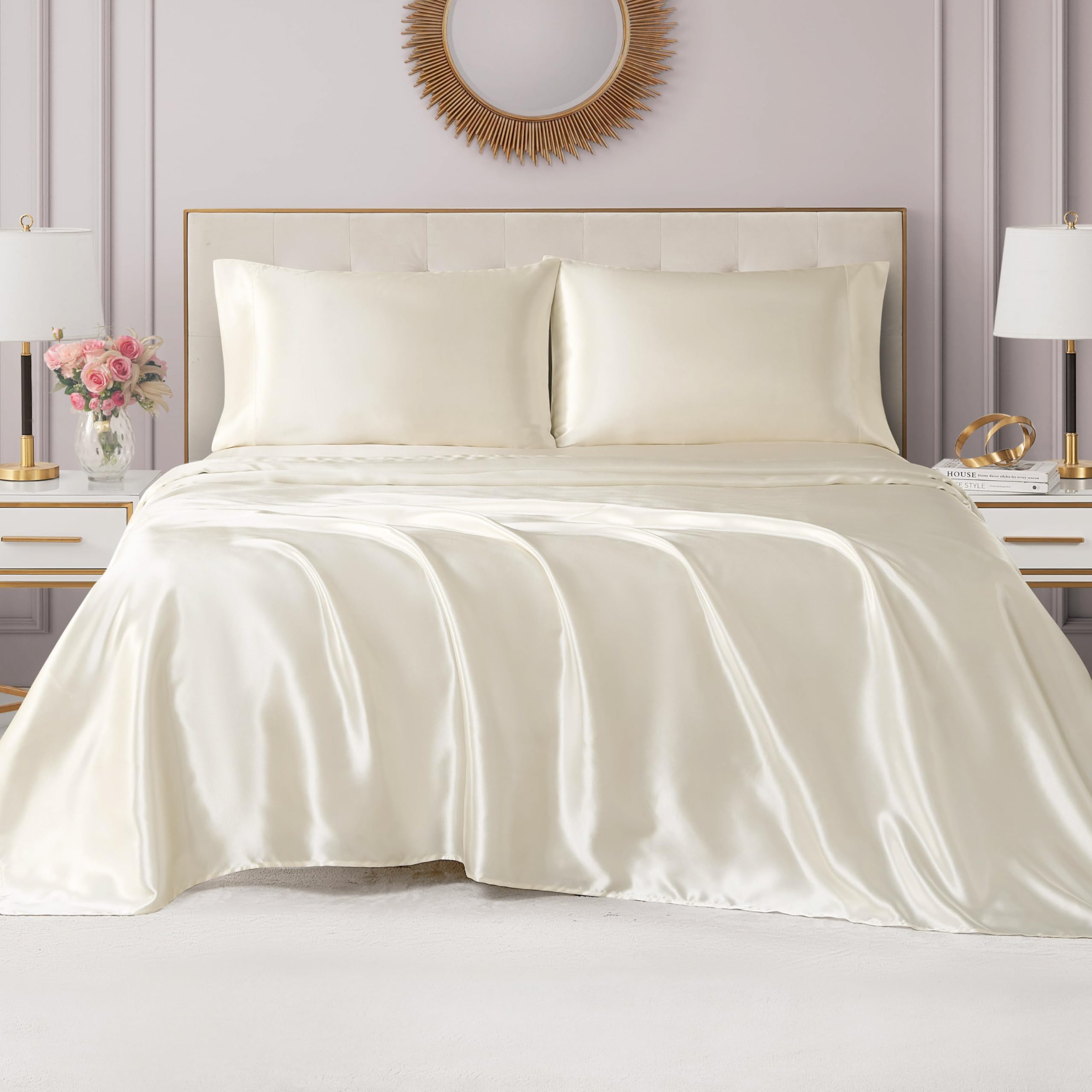 Juicy Couture King Size Satin Bed Sheet Set, Deep Pocket Silky King Sheet Set with 1 Fitted Sheet, 1 Flat Sheet and 2 Pillow Case, Wrinkle Resistant and Anti Pilling Bed Sheets - Ivory