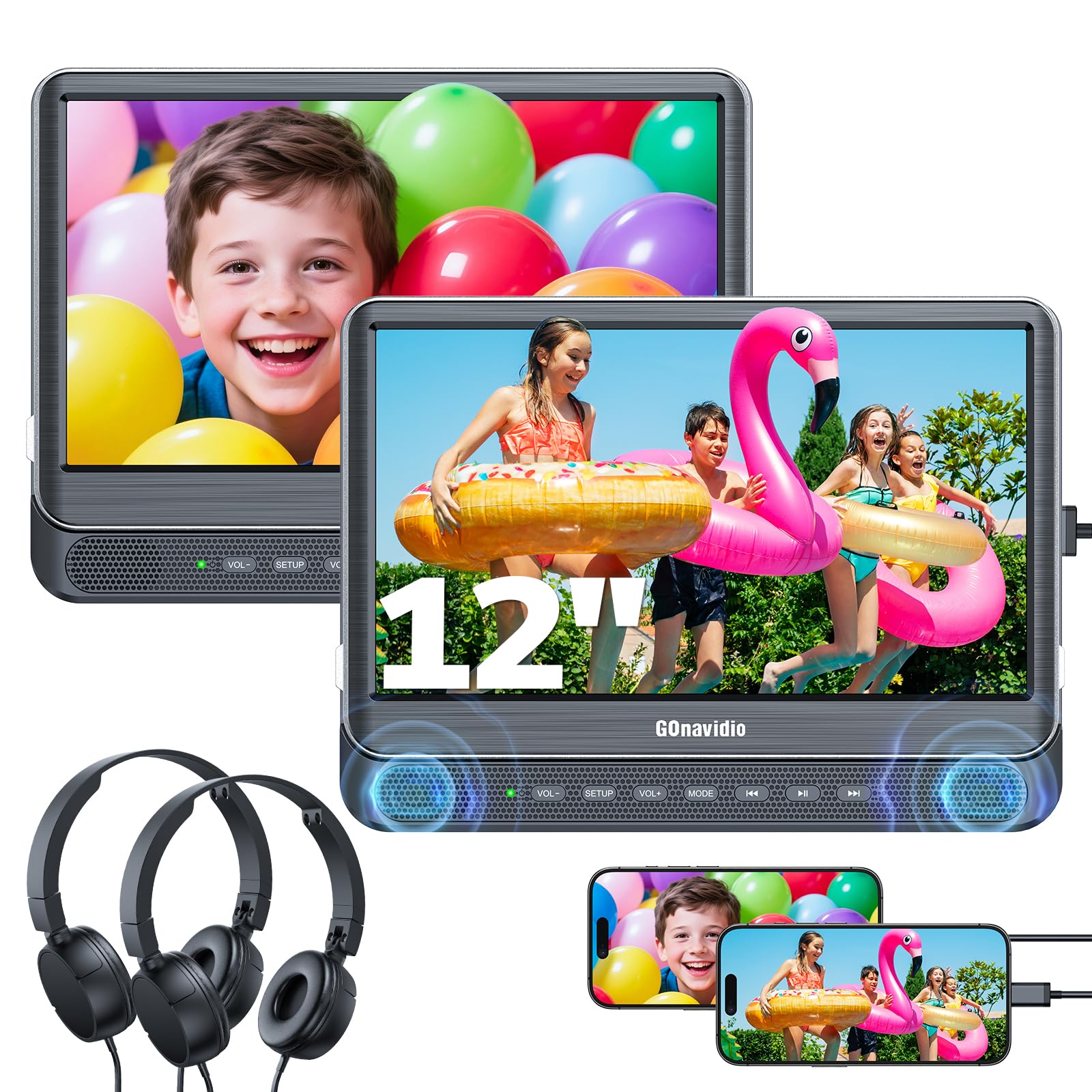 GOnavidio 12" DVD Player Auto 2 Bildschirme mit 1080P HDMI-Eingang, Tragbarer Fernseher Kopfstütze 2 Monitore für Kinder Unterstützt Letzter Speicher, AV In/Out, Sync Screen, USB-SD-Karte (12 Zoll)