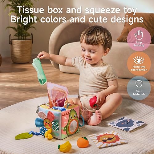 Miniatura 2 de TUMAMA - Caja de pañuelos para bebé, juguetes Montessori para bebés de 6 a 12 meses, juguetes sensoriales suaves y arrugados para bebés de 0 a 12