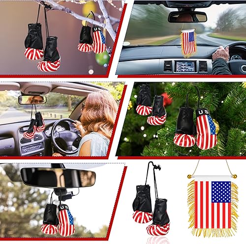 Miniatura 6 de 3 pares de mini guantes de boxeo en miniatura, guantes de bandera estadounidense, 3 piezas, bandera colgante de ventana con flecos de Estados Unidos