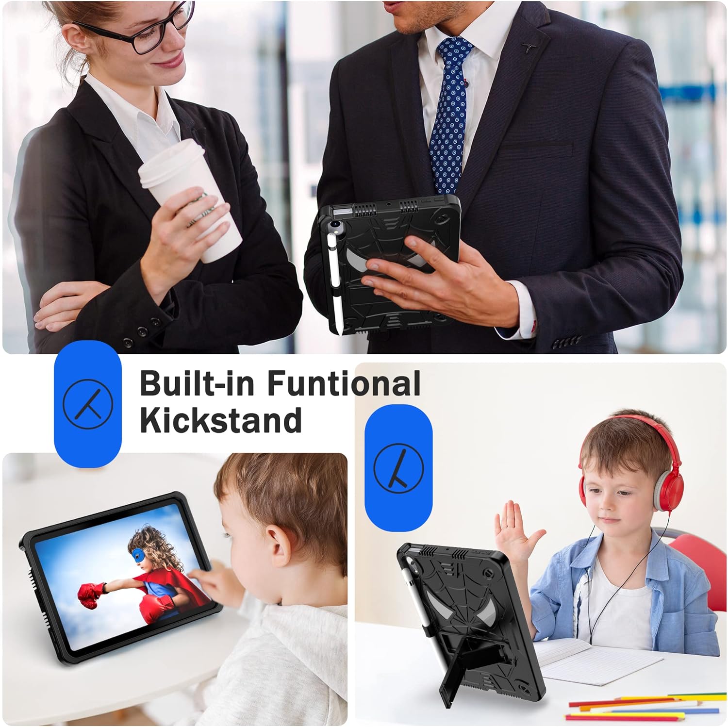 Dteck for iPad mini (A17 Pro), Mini 6 (6th Gen) 8.3" Kid-Friendly Shockproof Case with Kickstand/Pencil Holder/Shoulder Strap, 3 Layers Drop Proof Protective Cute Spider Rugged Tablet Cover, Black