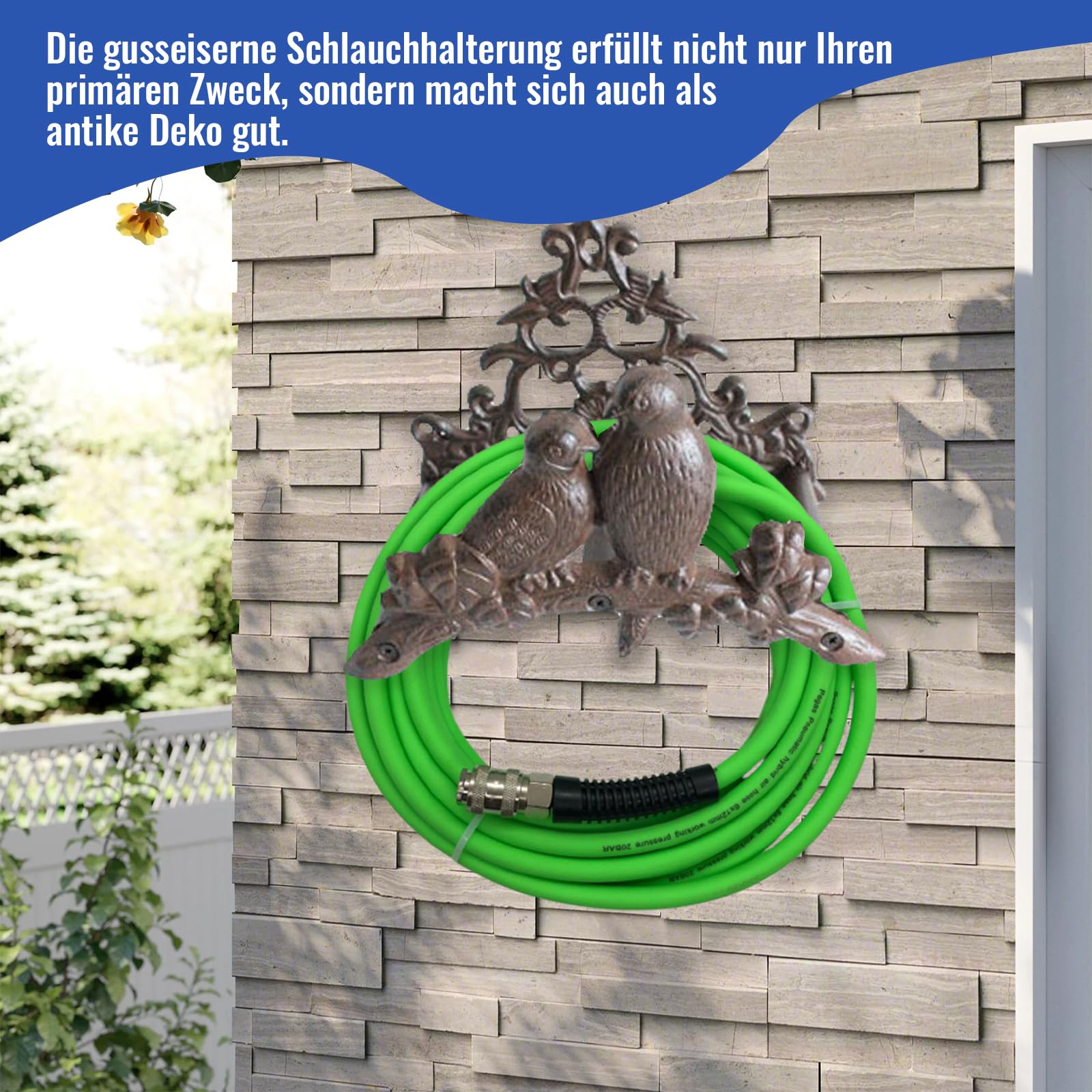 Vogel uchwyt na wąż żeliwny – metalowy uchwyt ścienny do węża ogrodowego (25,5 x 14 x 17,5 cm) – dekoracyjny uchwyt ogrodowy z hakami montażowymi, dla miłośników ogrodów
