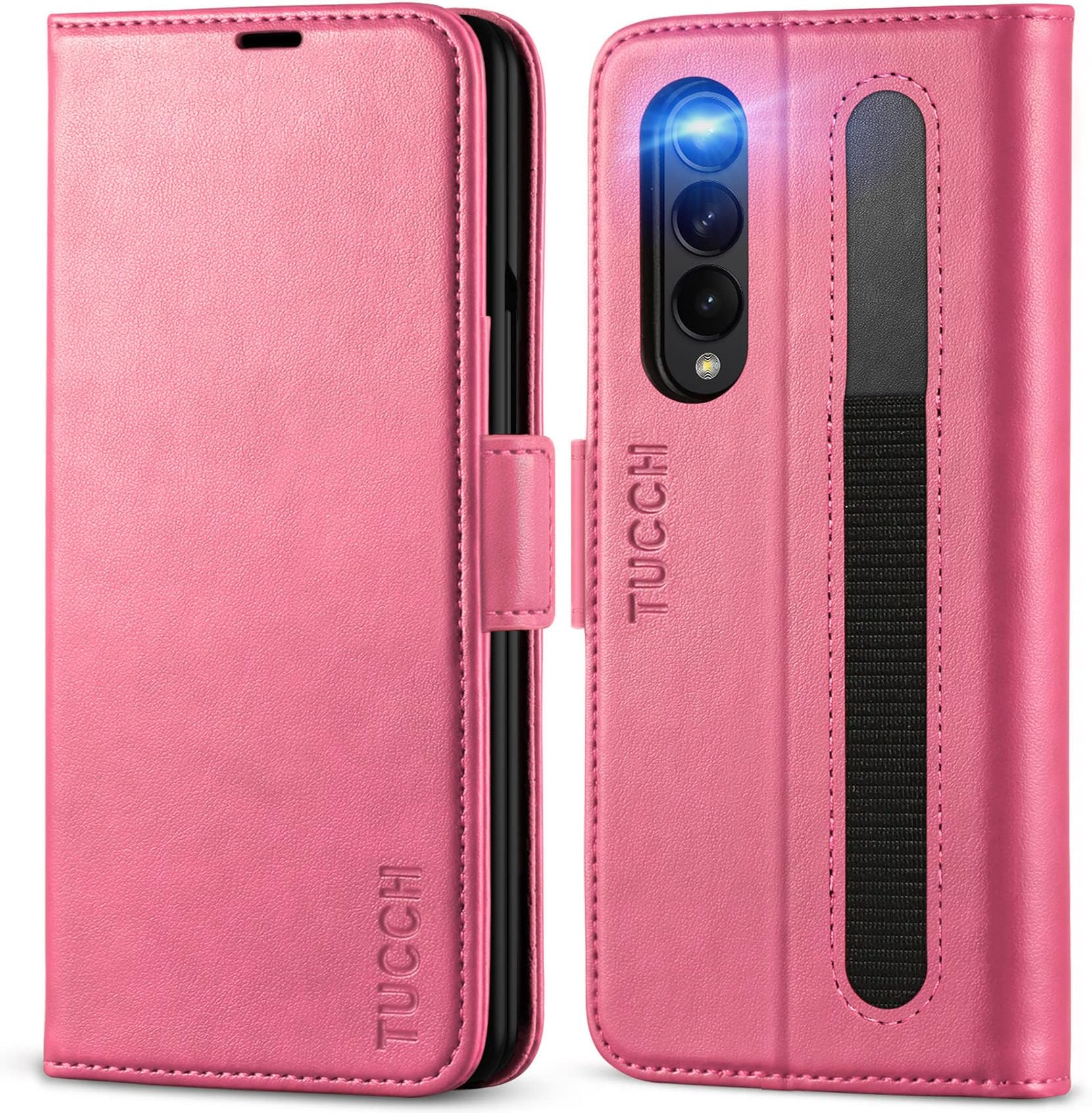 TUCCH Case for Galaxy Z Fold 3 (7.6") 5G, PU Leather Case with S Pen Slot[RFID Blocking][Viewing Stand][Card Holders], Magnetic Wallet PC Folio Cover Compatible with Galaxy Z Fold3 2021, Hot Pink