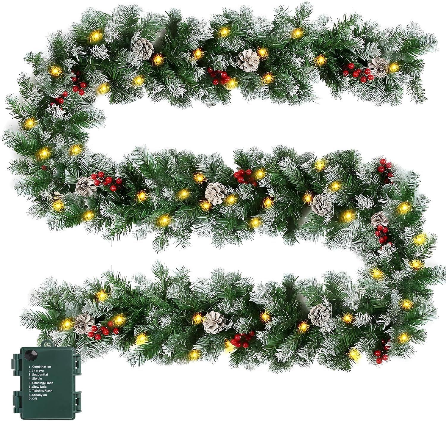9ft Artificial Christmas Garland with Light, Christmas Decor Green Rattan with Pine Cone and Red Berries Decorations for Home Stairs Fireplace Front Porch Door Display Indoor...