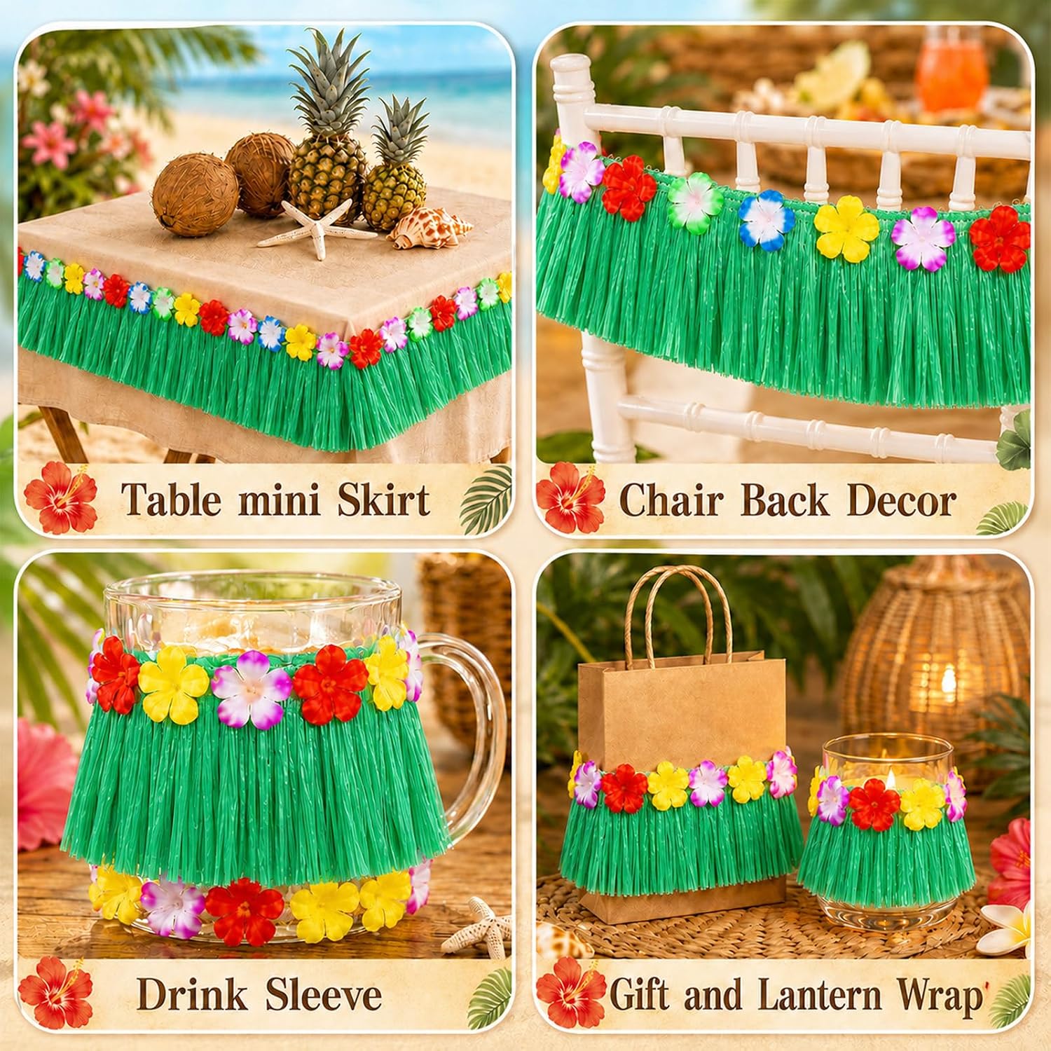 Tigeen 3 Pack Mini Hawaiian Luau Drink Grass Skirt 4 x 30 ft Hibiscus Fringe Garland Banner Hula Backdrop Decor for Table Edge Bottle Gift Wrapping Tropical Party Parade Float (Green)