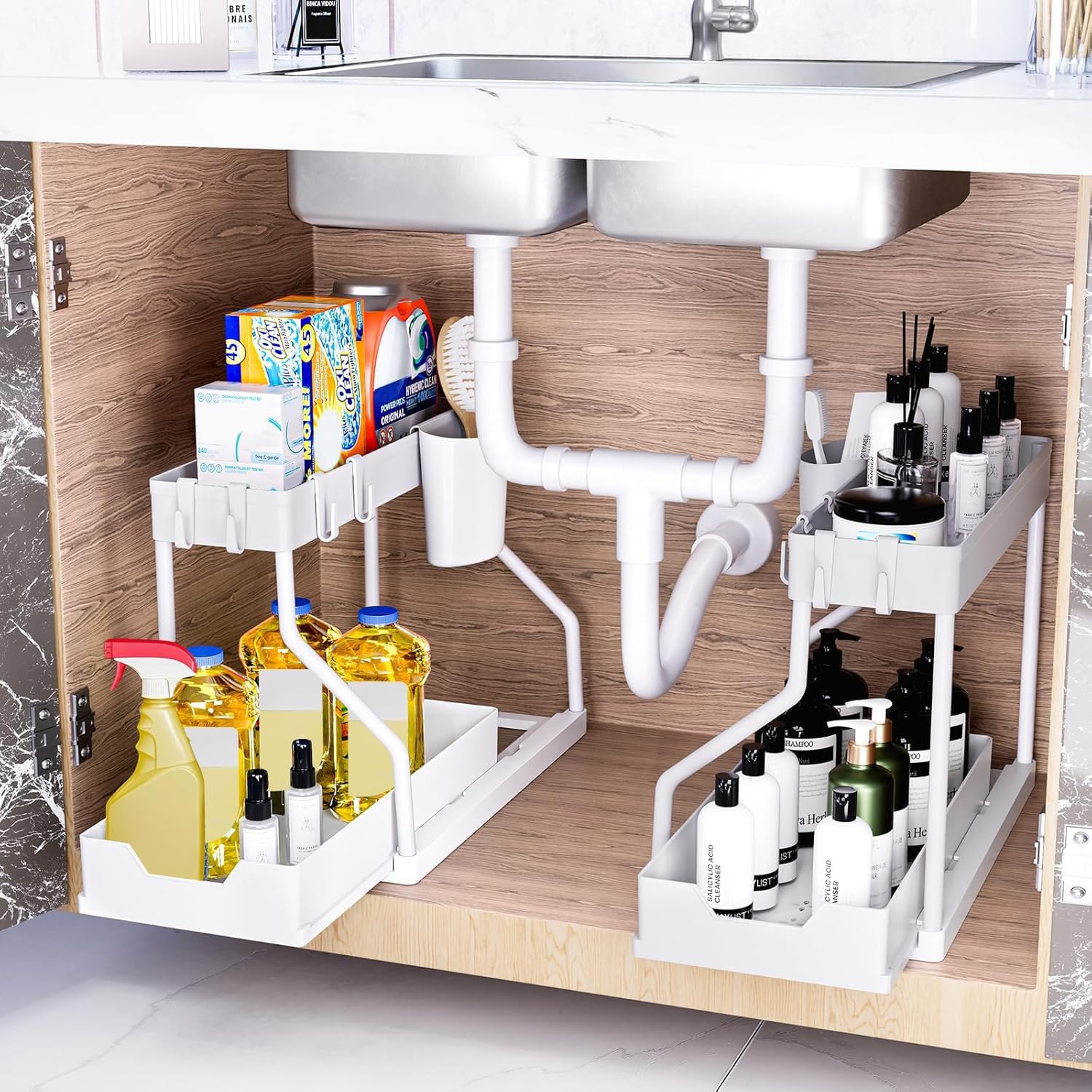 Taylor & Brown 2 Pack Under Sink Storage Organiser - 2 Tier with Pull Out Drawer Cabinet Organiser, Kitchen Storage with 4 Hanging Hooks, Space Saving Solution for Bathroom/Utility Room (White)